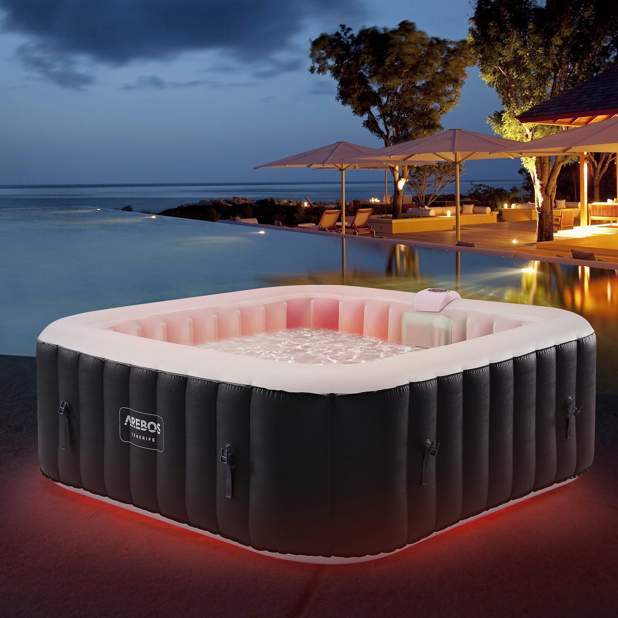 Arebos Whirlpool TENERIFE Aufblasbar 6 Personen mit 130 Düsen, (Komplett-Set, LED-Beleuchtung), Für Outdoor & Indoor