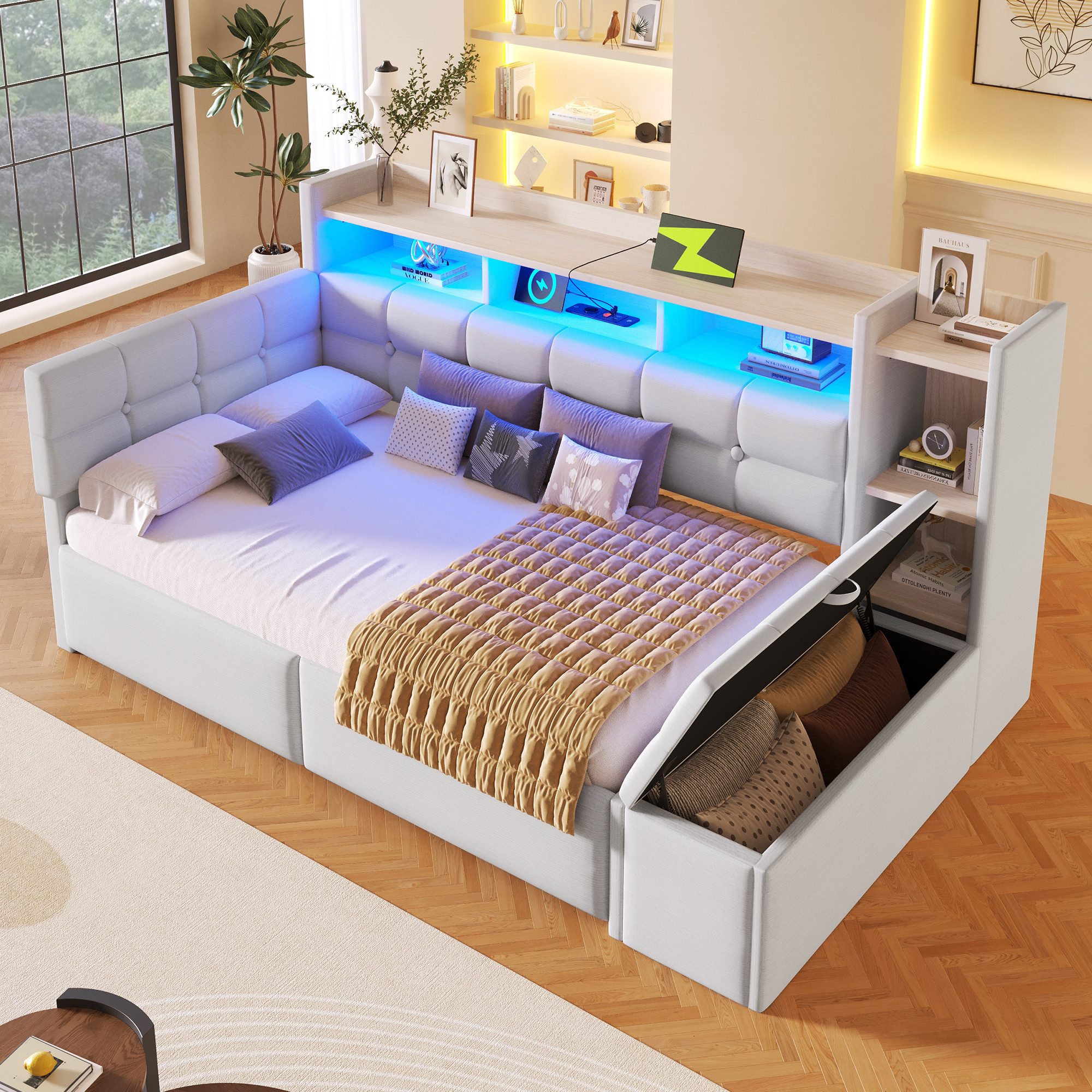 Flieks Daybett, Polsterbett 90×190cm mit LED, Aufladen, 2 Schubladen und Polsterbank
