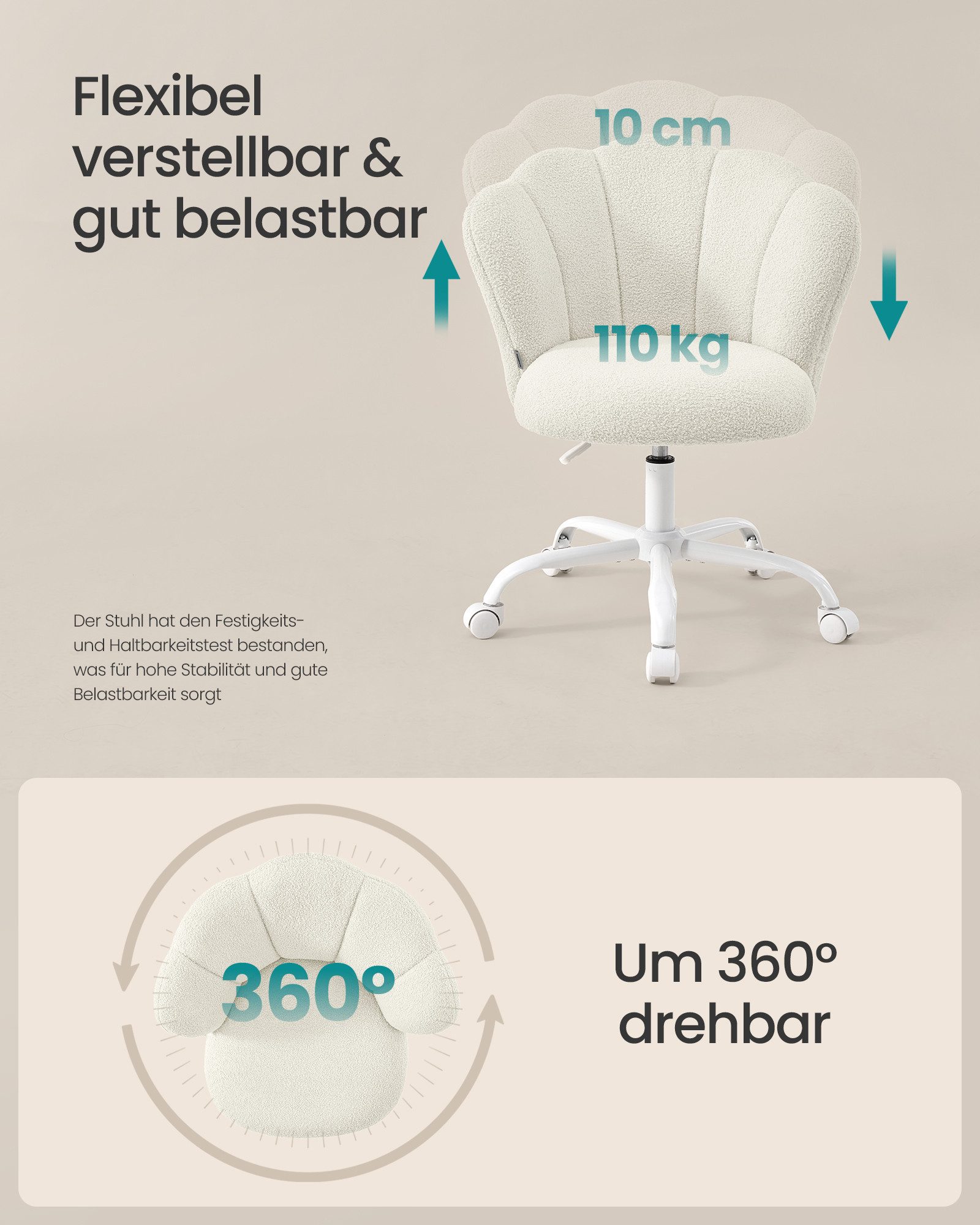 SONGMICS Bürostuhl Schminktischstuhl, für Wohnzimmer, Schlafzimmer, 64 x 64 x (79-89) cm, bis zu 110 kg belastbar, Blütenblatt-Rückenlehne, höhenverstellbar – Bild 5 von 5
