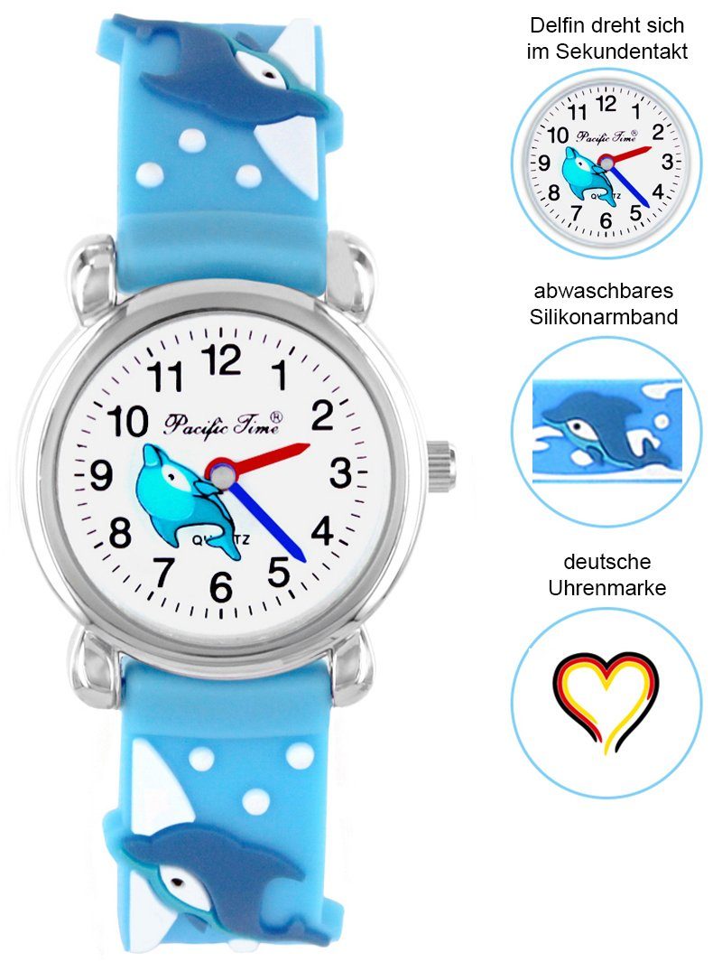 Pacific Time Quarzuhr Delfin Versand Armbanduhr Gratis blau Kinder Silikonarmband
