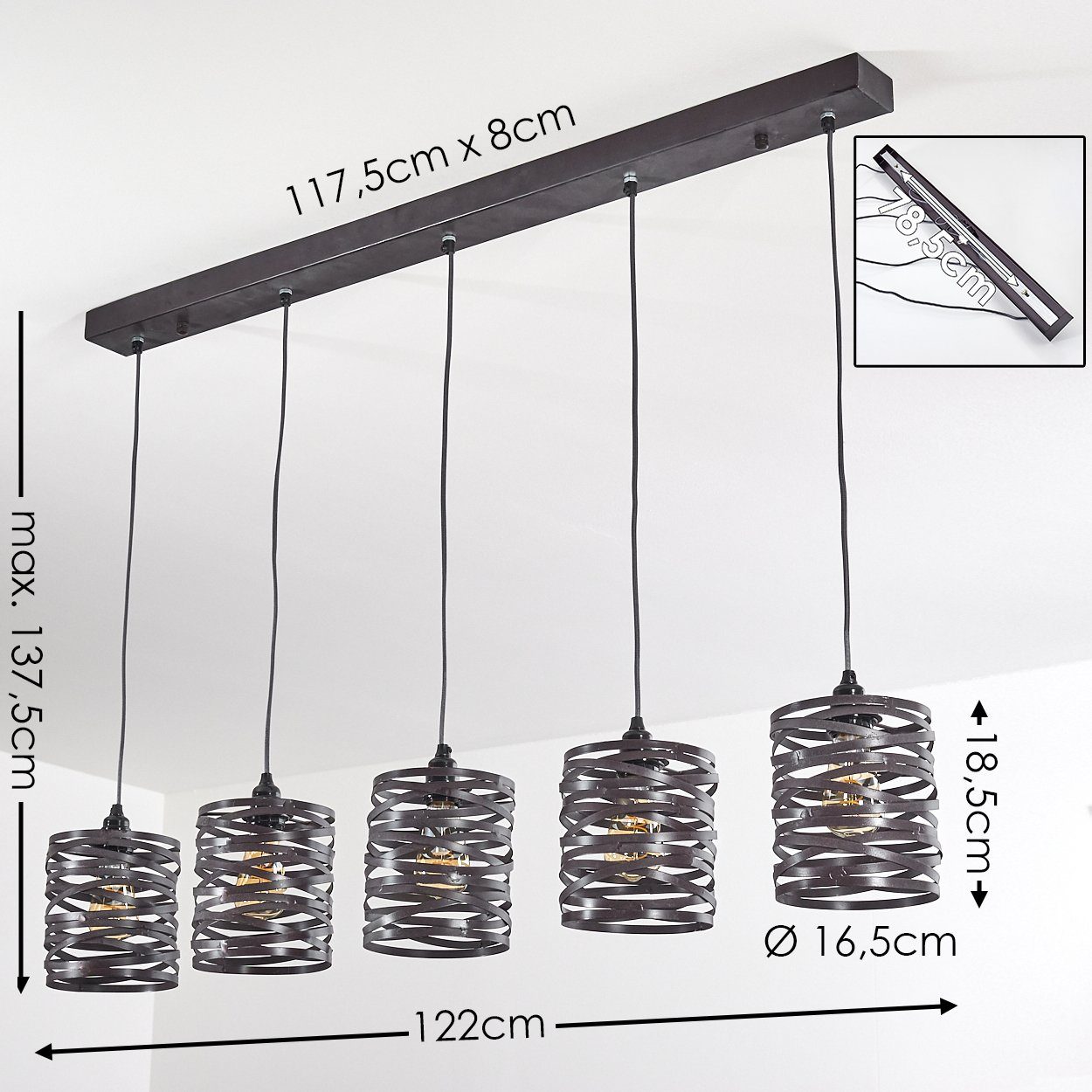 aus »Muda« E27, Hängelampe Metall Grau/Schiefer, hofstein in Schirme Industrial-Look, ohne Hängelampe, 5-flammig Spiral-Optik in im Pendelleuchte Leuchtmittel,