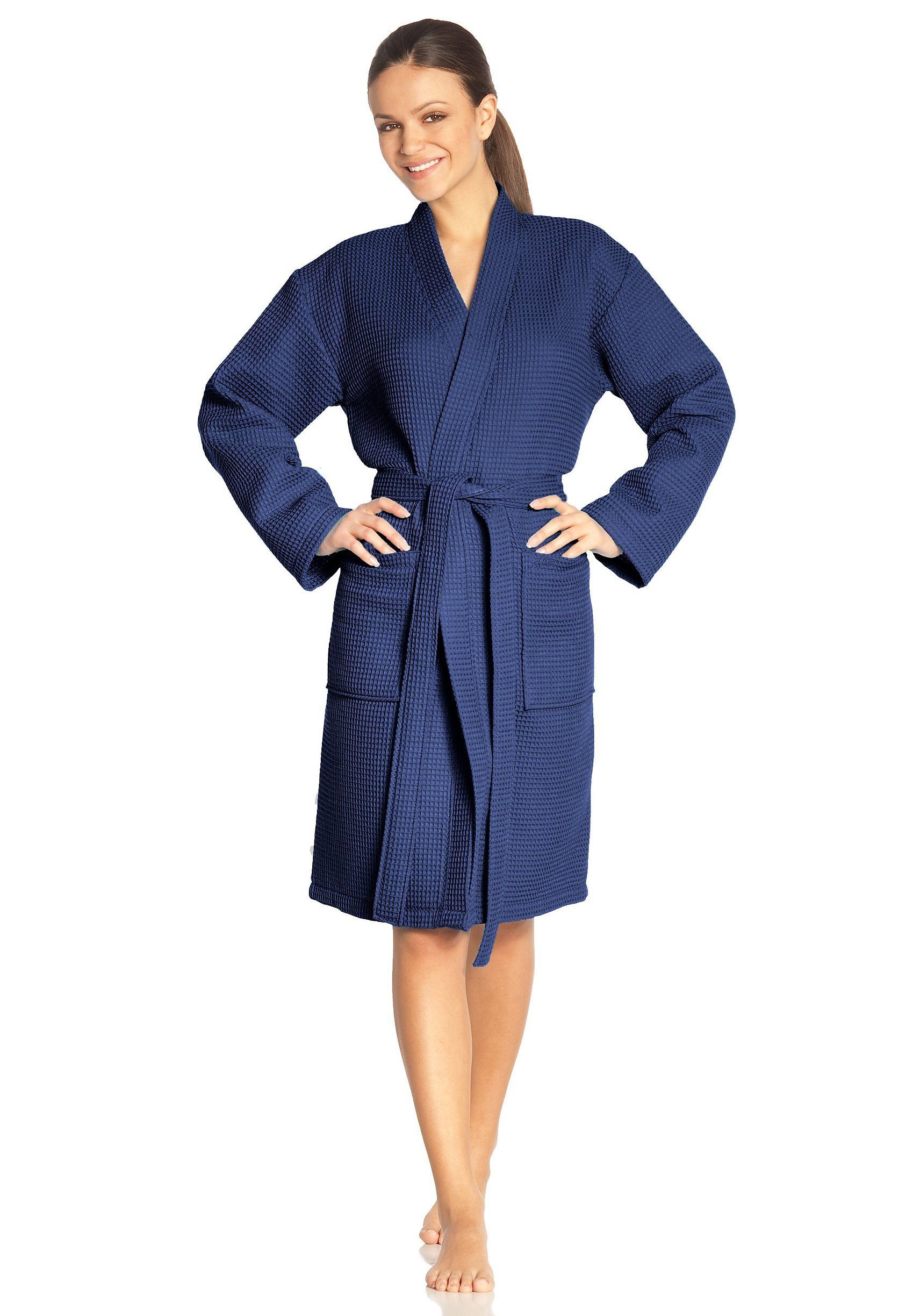 Vossen Unisex-Bademantel Rom, ideal für Sauna & Spa, Hotelbademantel, Morgenmantel, Kurzform, Waffelpiqué, Kimono-Kragen, Gürtel, für Damen & Herren, Waffelpiqué-Struktur, in leichter Qualität