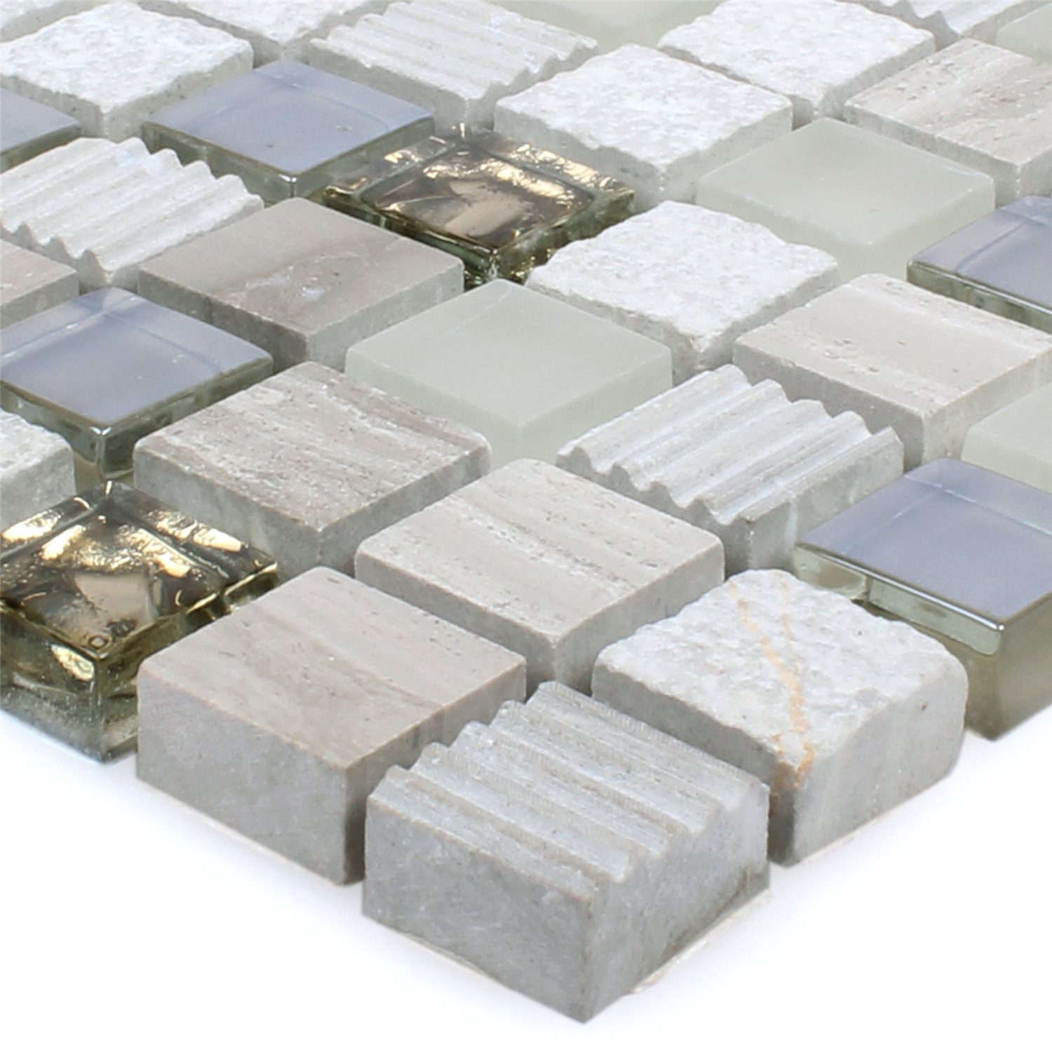Mosafil Mosaikfliesen Naturstein Glas Mosaikfliesen Venzona Q15, Naturstein-Glas 30.500x30.500, gold-beige-grau-silber-hellgrau, Verlegefertig auf ein Netz geklebt