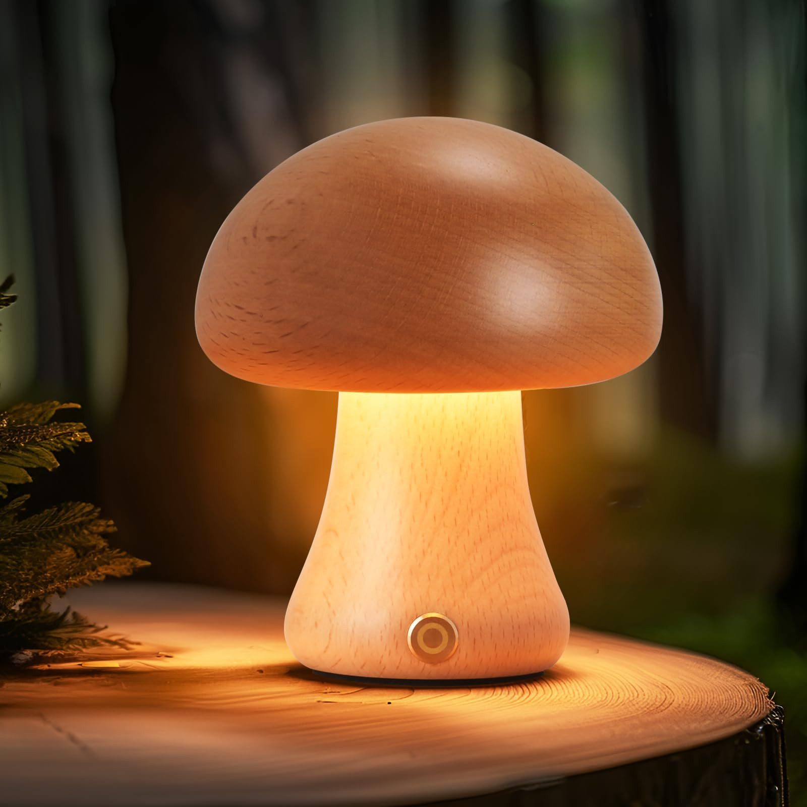 Schreibtischlampe LED Pilz-Holzlampe Tragbare Tischleuchte Pilzlampe aus Holz, schnurlos
