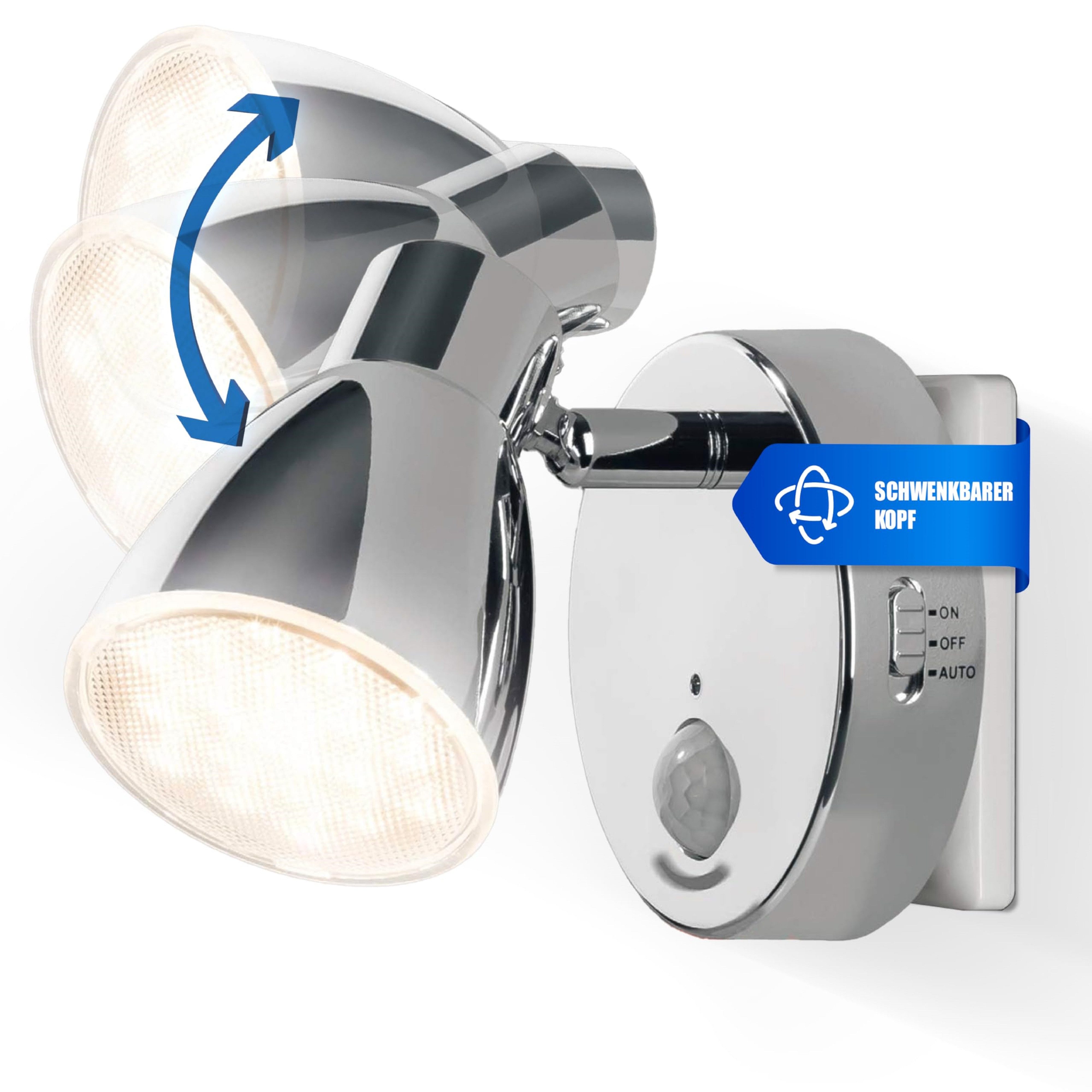 TRANGO LED Nachtlicht, Bewegungsmelder, 2635-018 LED Sensor Steckdosenlampe *MILO* mit Automatikfunktion in Chrom Sicherheitslicht 230V, Wandlampe, Orientierungslicht, Nachtlampe, Steckdosenlicht