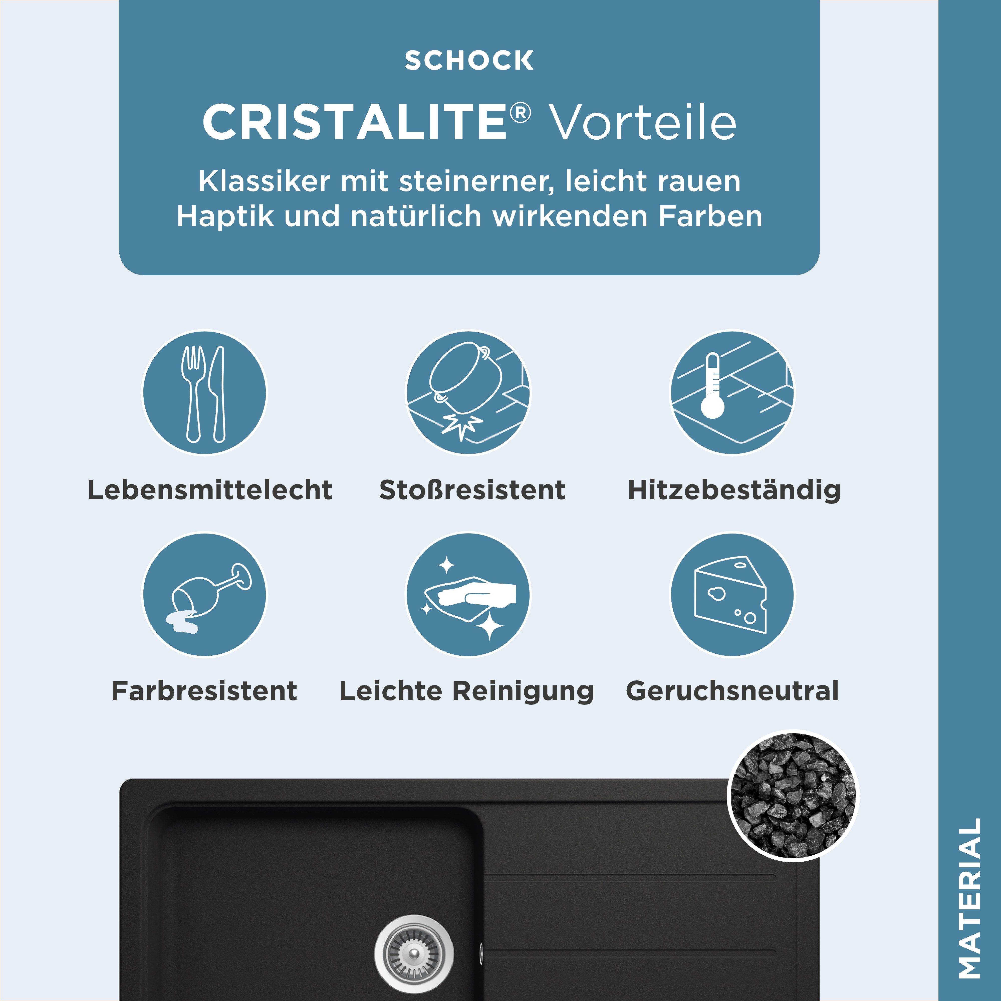 Schock granite sink COMO D-100L, square, 100/50 cm, remote drain control, including drain and overflow fitting, rotary hex center, diamond drill bit