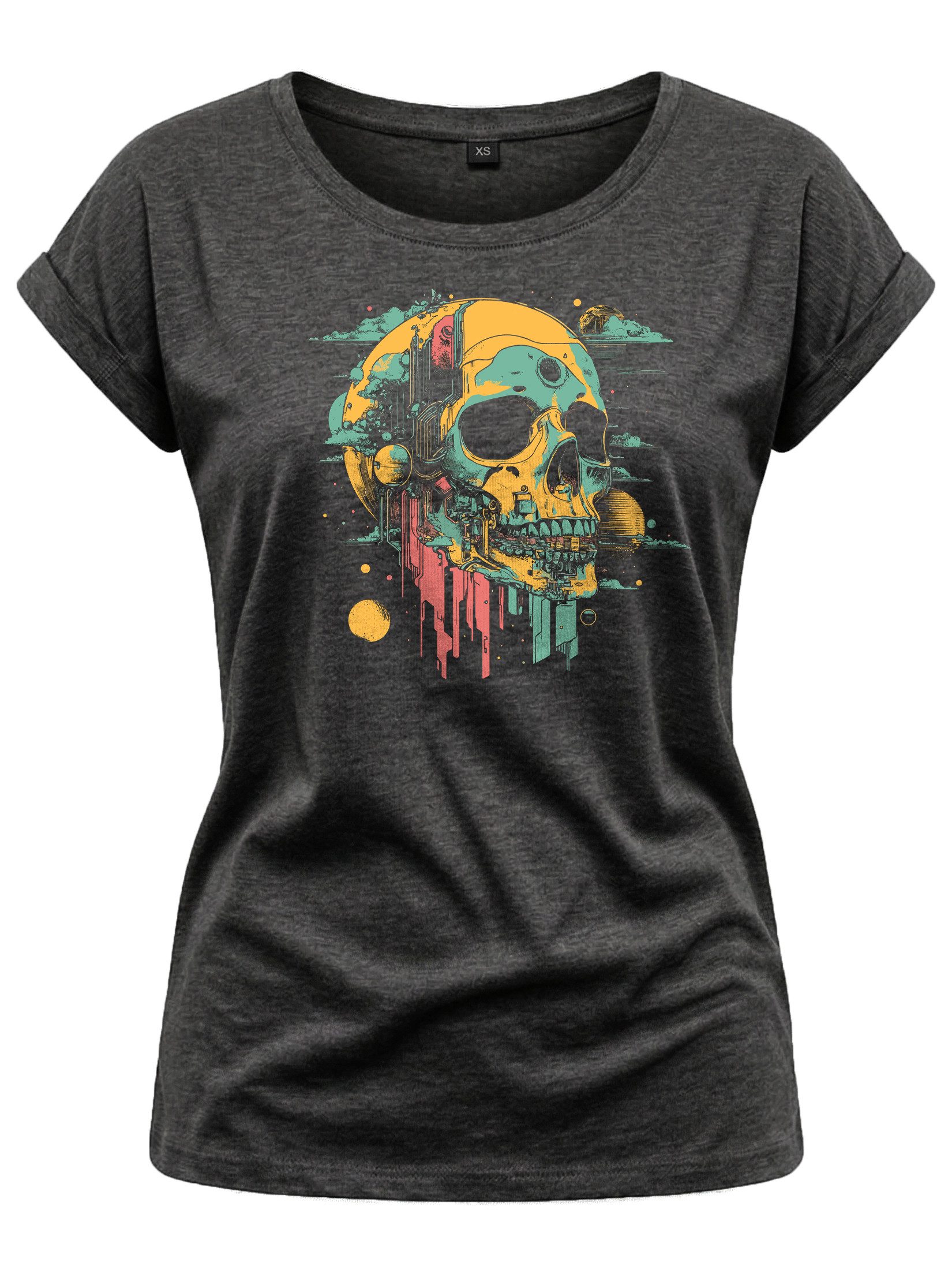 T-Shirt Damen-Top mit buntem Totenkopf – rockiger Festival-Look