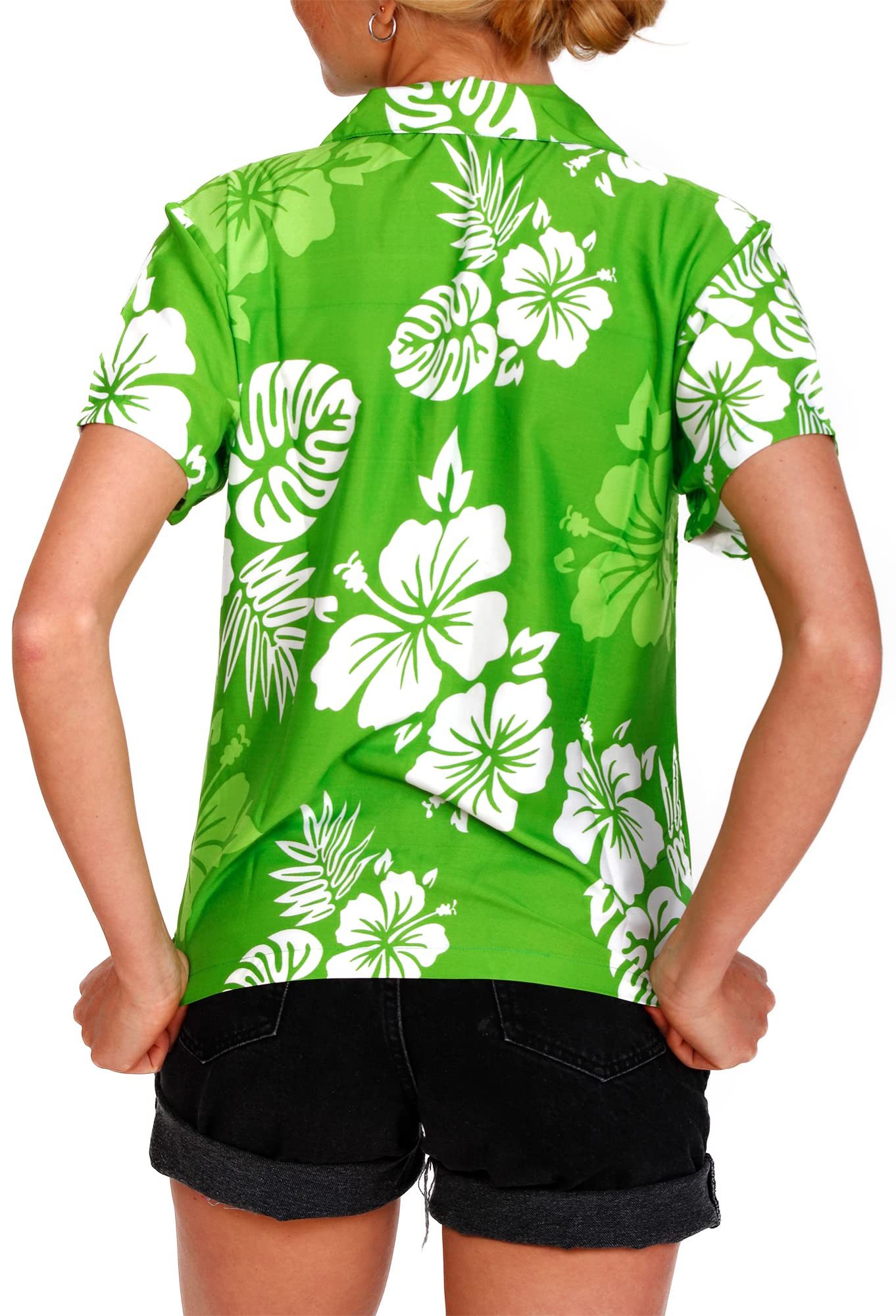 King Kameha Hawaiihemd Mono Hibiscus Funky Hawaiibluse Damen Kurzarm Front-Tasche Stylish