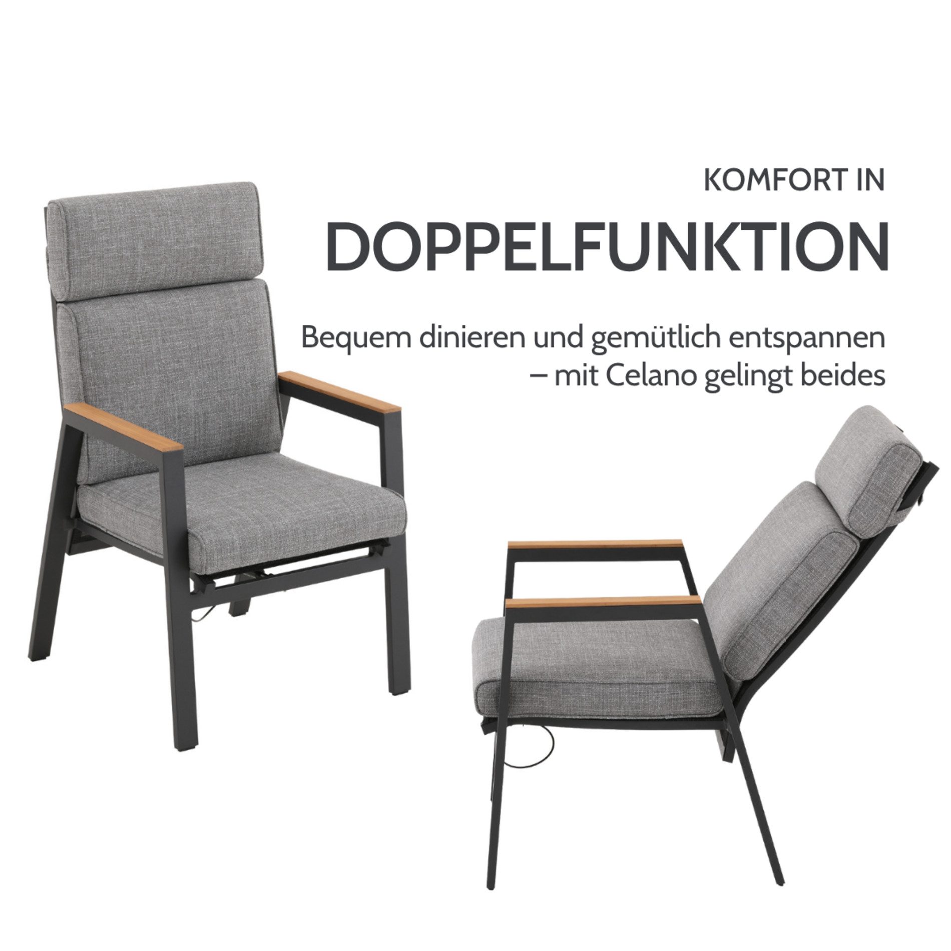 Liadomo Gartenlounge-Set Celano, Gartensessel mit Fußhocker, Relax-Set inkl. Polstern, (Outdoor-Set, 2-tlg), stufenlos verstellbare Rückenlehne, Armlehnen Teak, bequemer Hocker