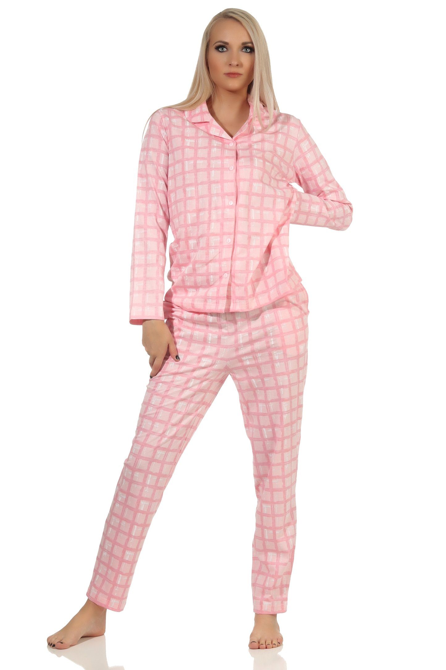Normann Pyjama Damen Pyjama Optik zum aus Karo Jersey in durchknöpfen rosa