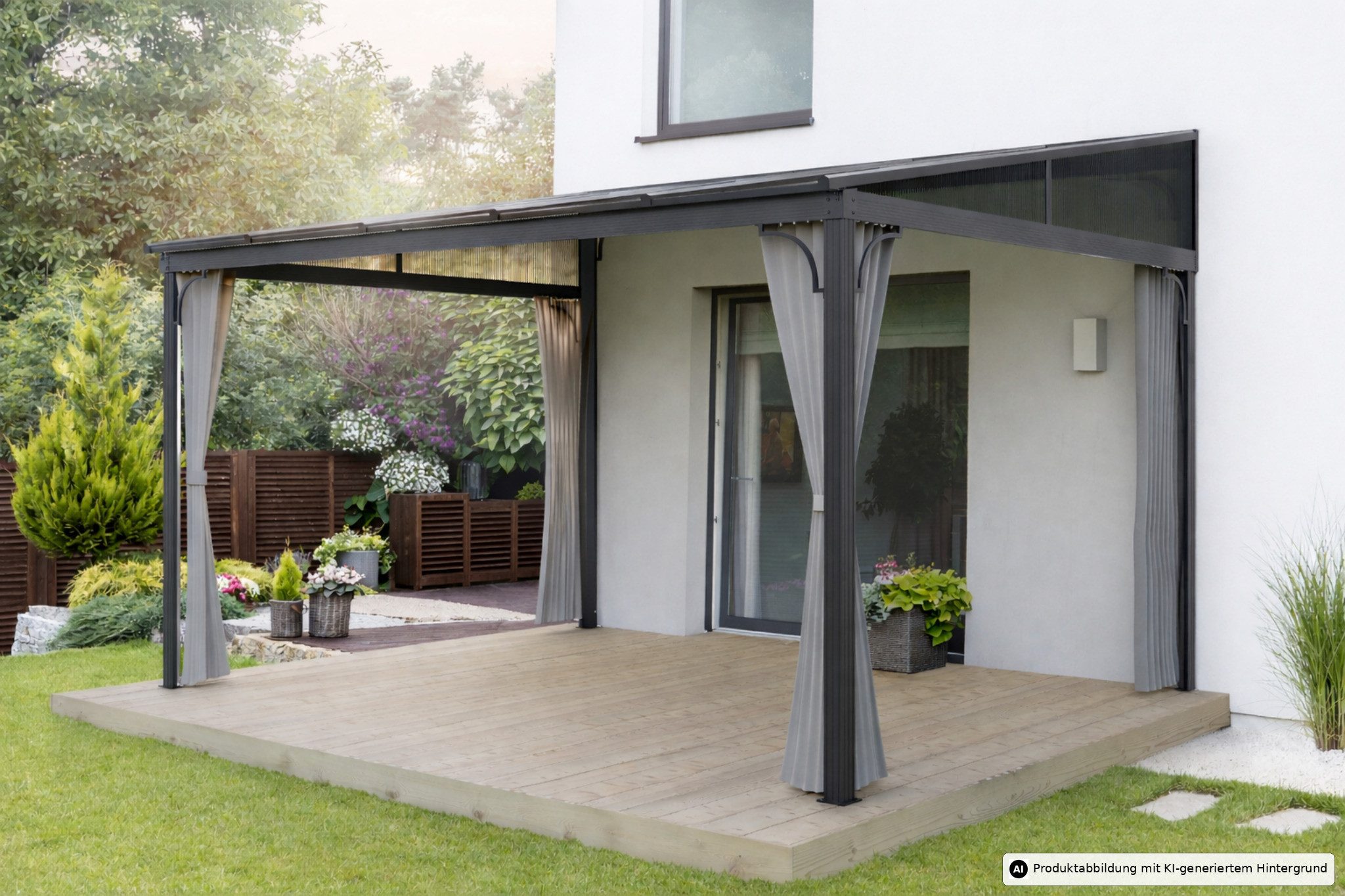 Leco Anbaupavillon Pavillon Terrassenüberdachung Melanie ca. 12 m2 freie Nutzfläche, mit 4 Seitenteilen, (inklusive Polyester Seitenteilen in lichtgrau), freistehend 3 x 4 m