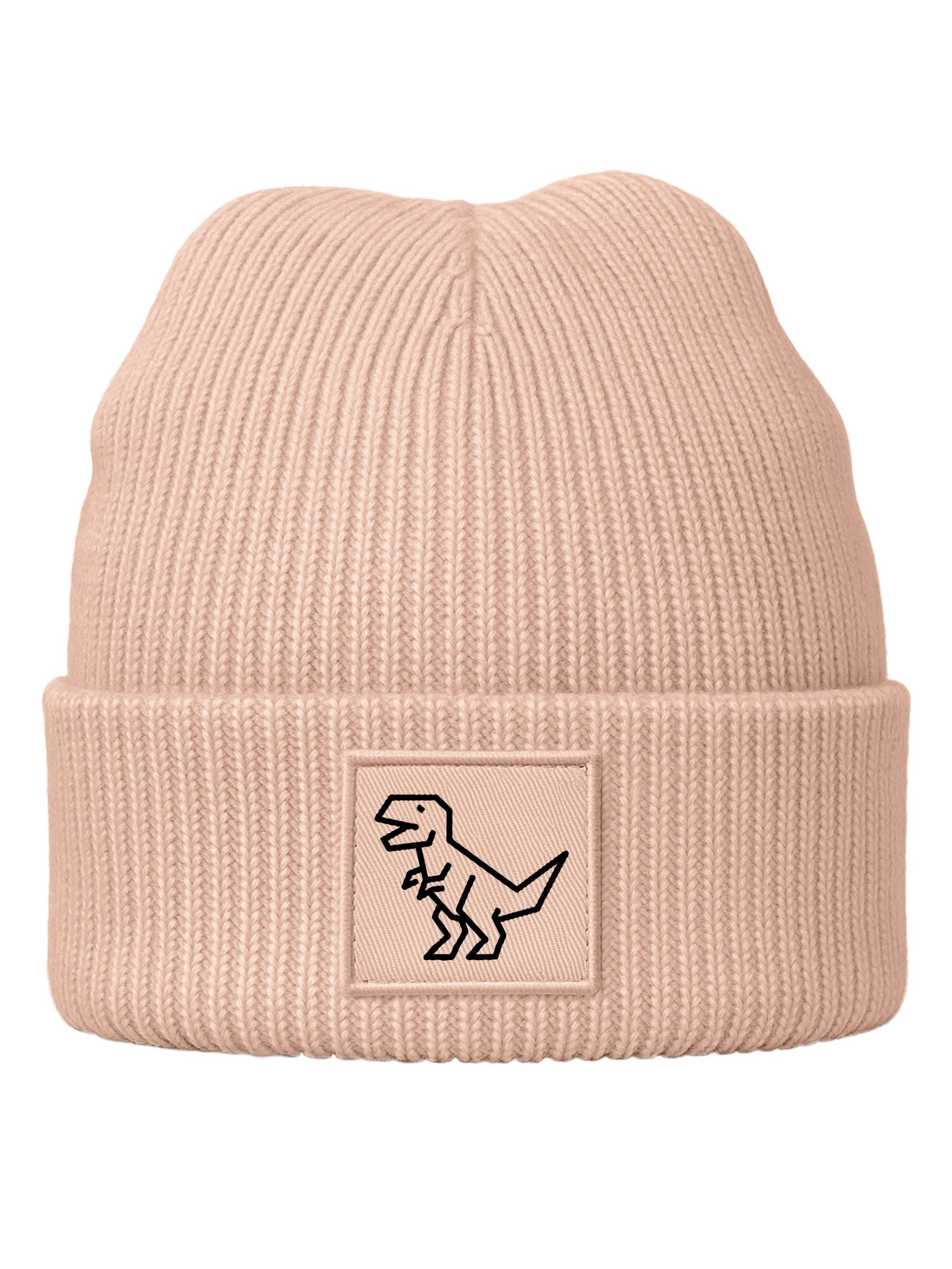 Strickmütze Damen Beanie Patch T-Rex Polygon Dino Aufdruck Print Wintermütze