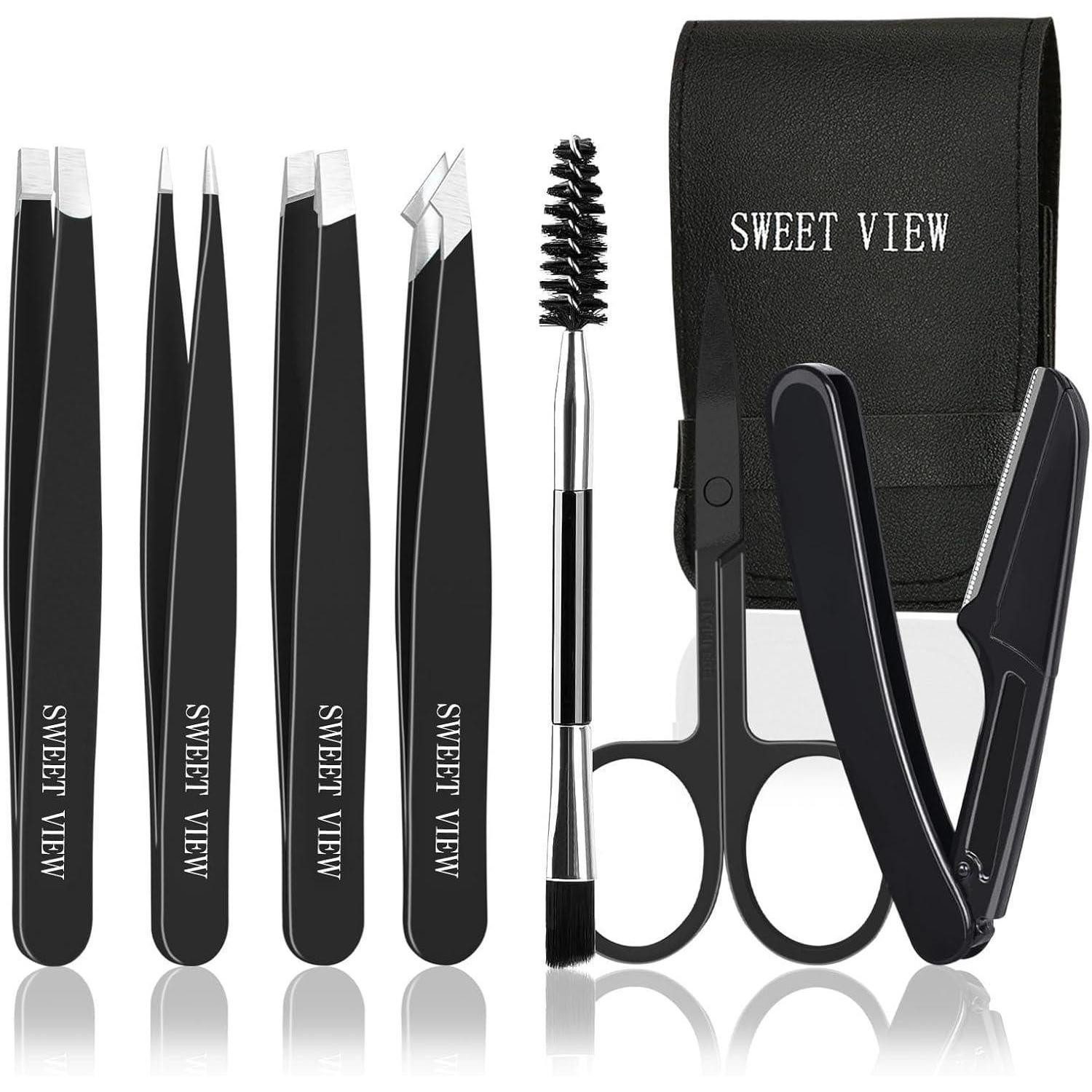 LuxusKollektion Augenbrauenpinzette Pinzetten-Set 7-teilig für Gesichtsbehaarung inkl. Etui, aus Edelstahl