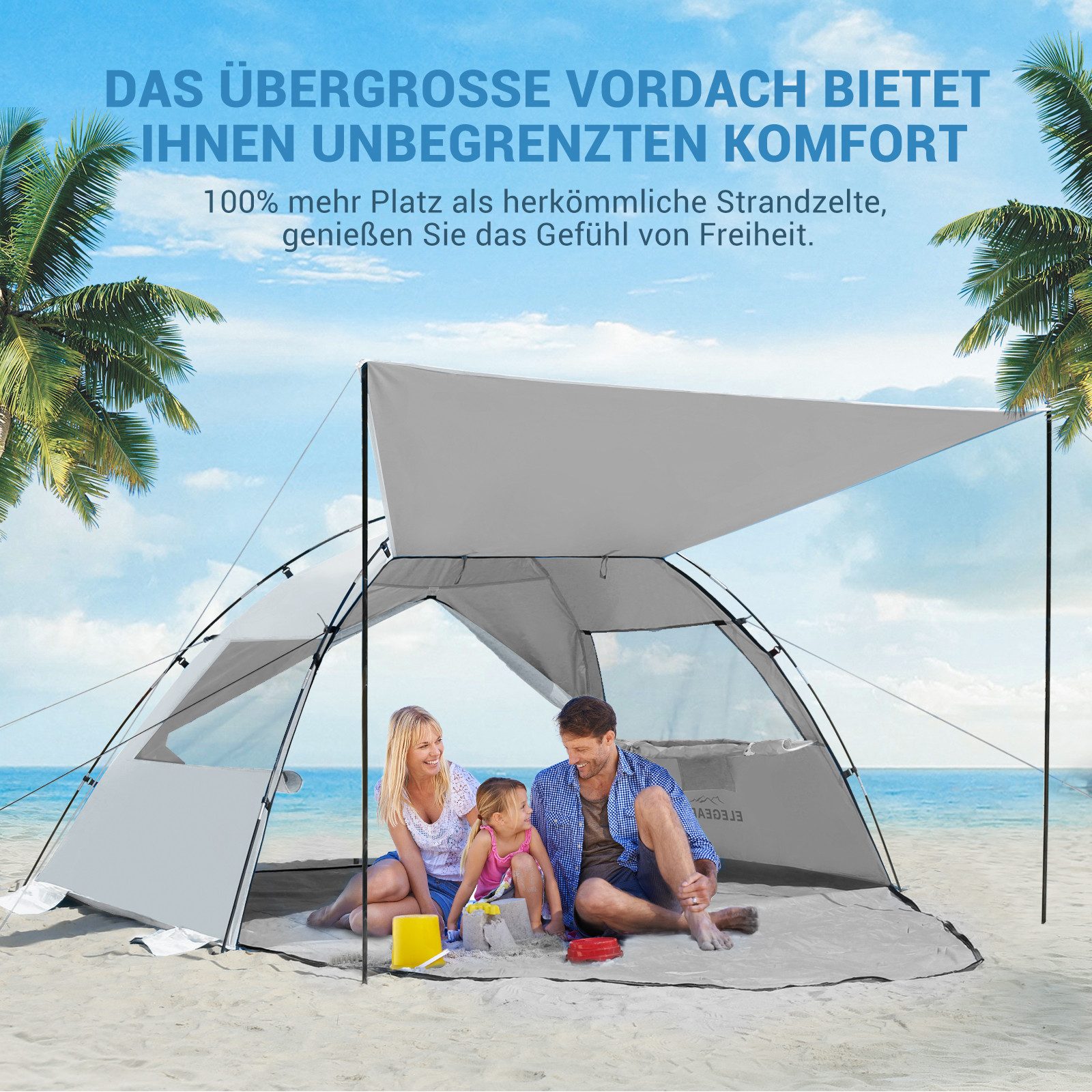 Elegear Strandmuschel mit Sonnendach für 4-5 Personen, Pop Up Strandzelt (UV Schutz UPF 50), Personen: 4 (1 tlg), Strandmuschel Tragbares mit Sandsäcken, Erdspießen und Seilen