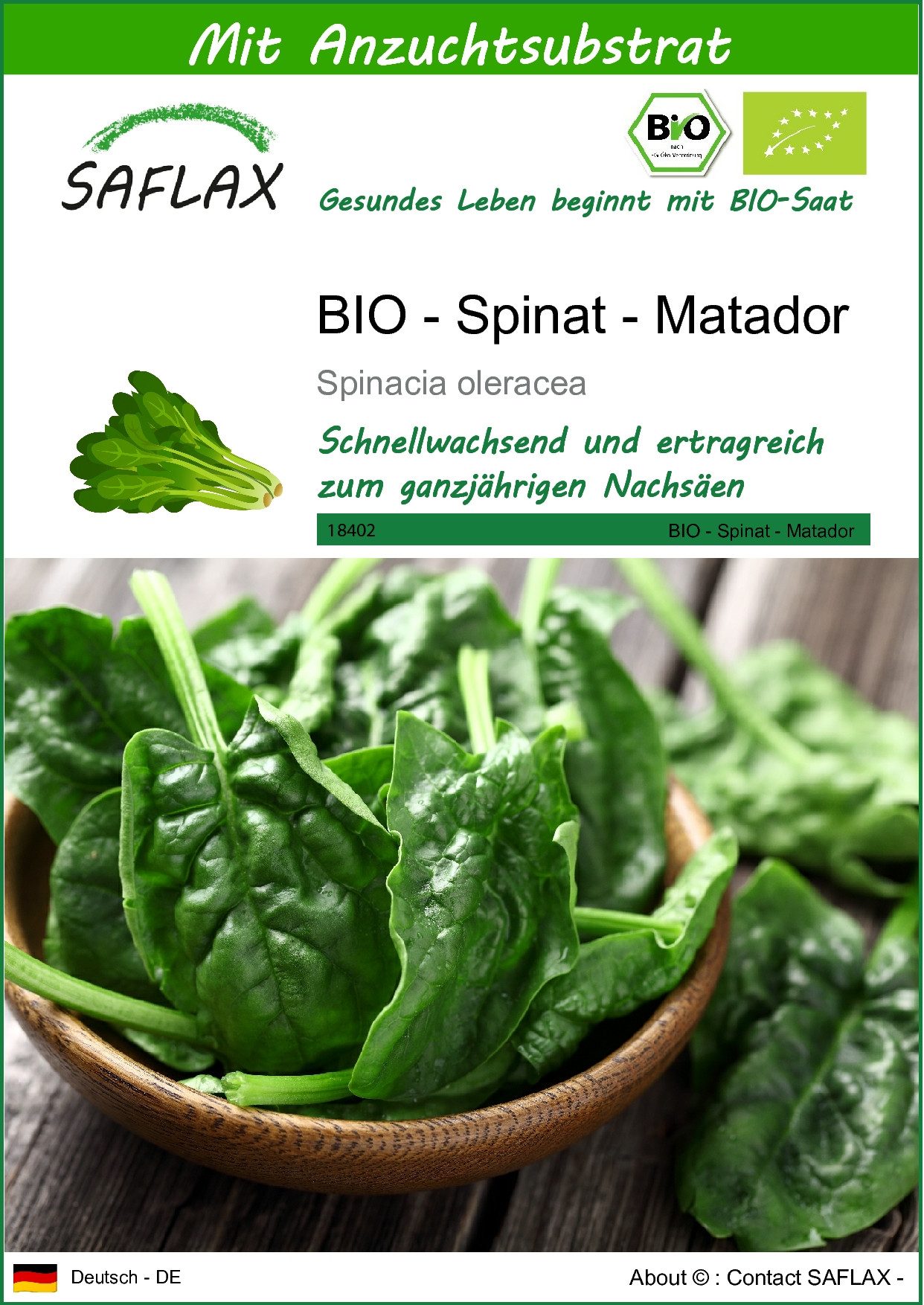 Gemüsesamen SAFLAX - Samen und Substrat - BIO - Spinat - Matador