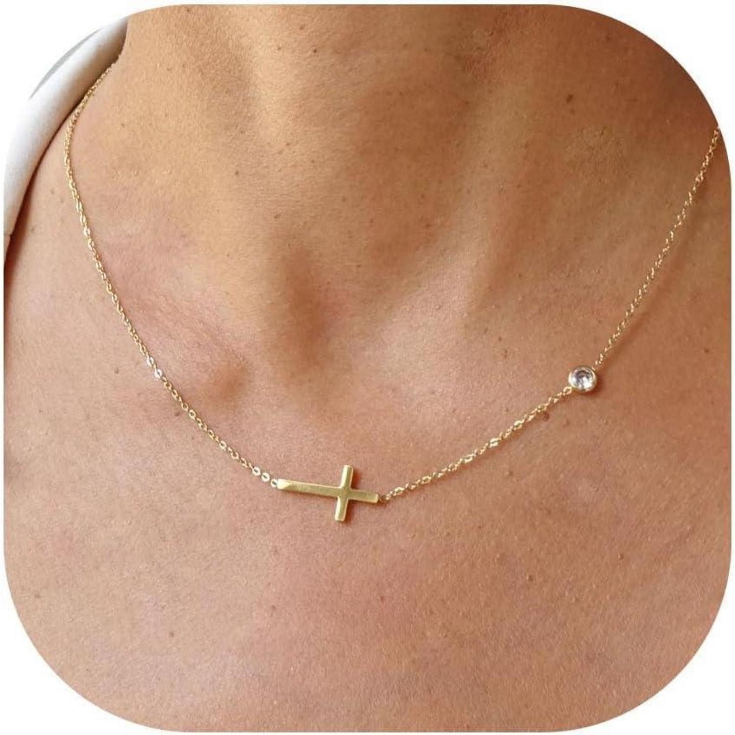 LuxusKollektion Kreuzkette Kreuz Kette Gold Damen 14K Vergoldet Layered Choker Halskette Kristall