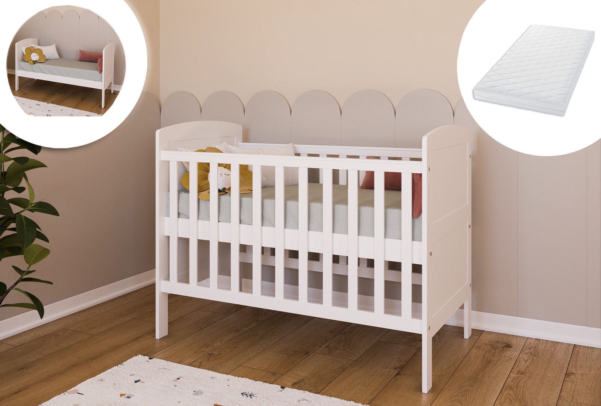Babybett Kinderbett 70x140 cm mit Matratze umbaubares Gitterbett
