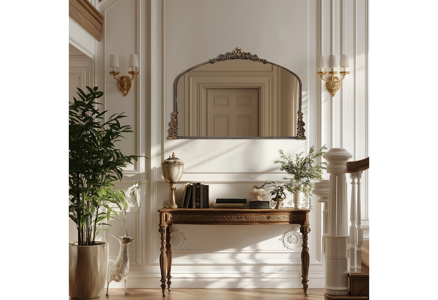 G-LEAF Spiegel Bogen-Wandspiegel im Barockstil, Metallrahmen mit Perlenverzierung (1-St), robusten Eisenrahmen und Harzornamenten, 101.6×76.2cm, Vintage-Gold