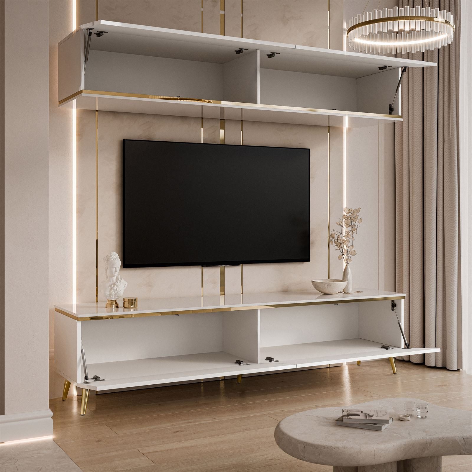 ALLHOUSE24 Wohnwand PEONY 180 weiß Hochglanz Goldchrom Beine Schrankwand BERLIN, (2x TV Schrank), Breite 180 cm