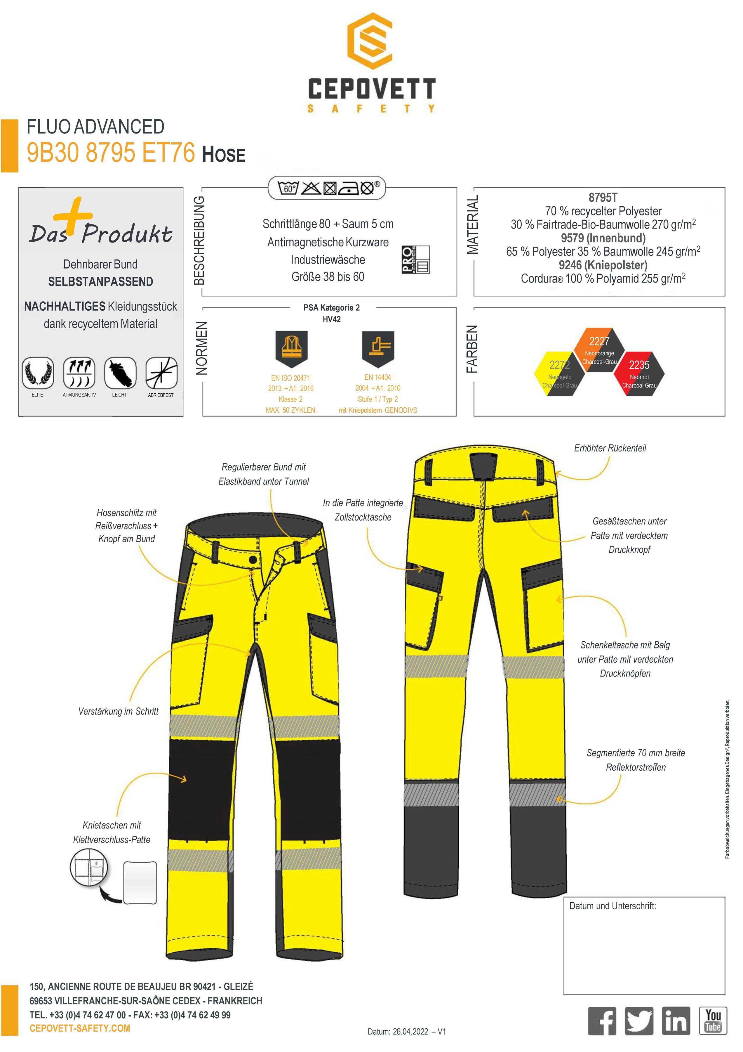 FLUO ISO "Fluo 13688:2013) Unisex ISO EN GREY GELB CHARCOAL Warnschutz / Arbeitsbundhose reflektierend, Cepovett & verstärkte Advanced" Knie 20471:2013 (EN