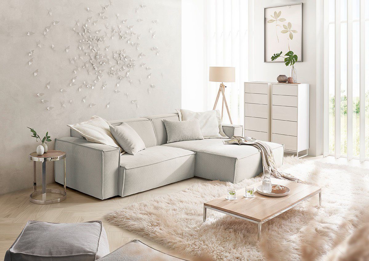 3C Candy Ecksofa Matteo in elegant, kubischer Formensprache, bequem, L-Form, mit auffälliger Kedernaht, Feincord-Bezug, Lounge-Charakter