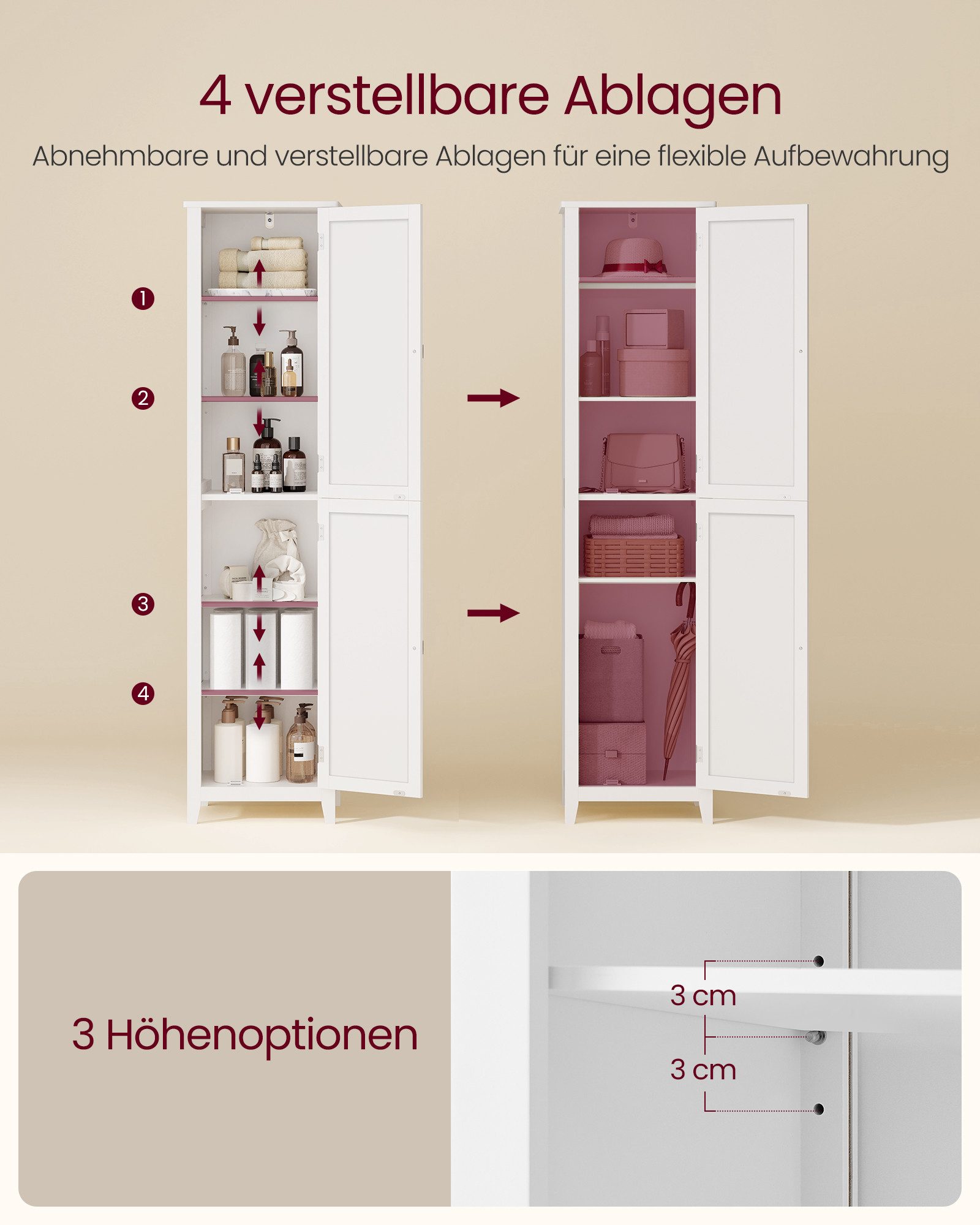 VASAGLE Badkommode Badezimmerschrank mit Ganzkörperspiegel, mit verstellbaren Ablagen, Hochschrank, 30 x 40 x 160 cm, für kleine Räume, Wohnzimmer, Flur – Bild 4 von 5
