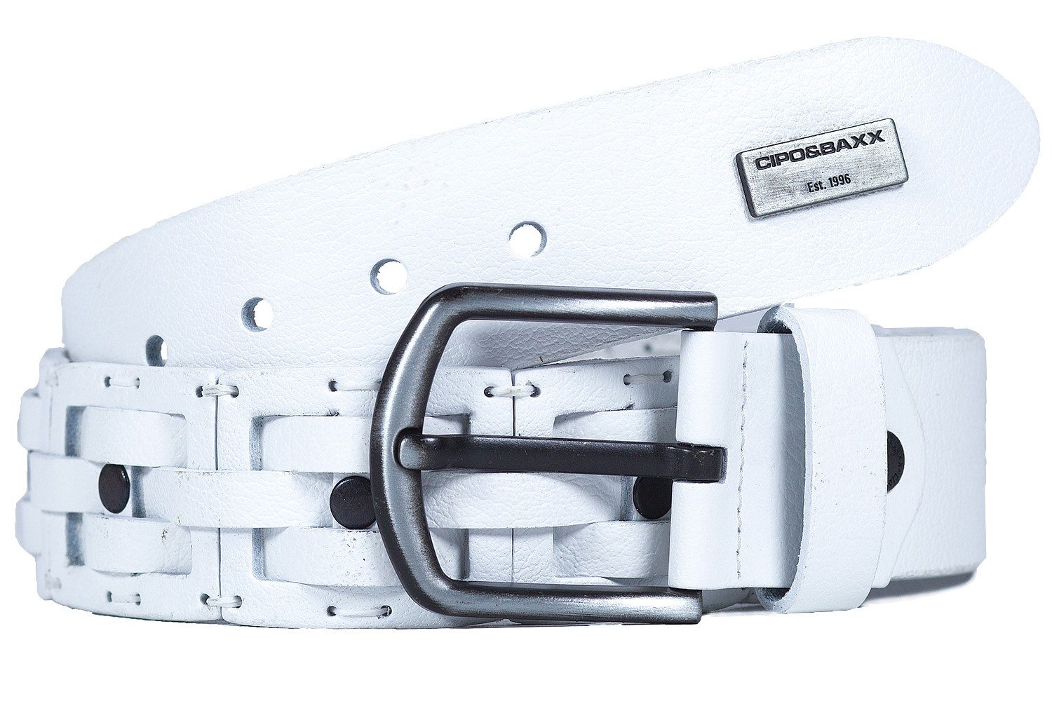 Cipo & Baxx Ledergürtel Gürtel BA- White 95cm x cm (1-St) im geflochtenen Look mit Metall Patch