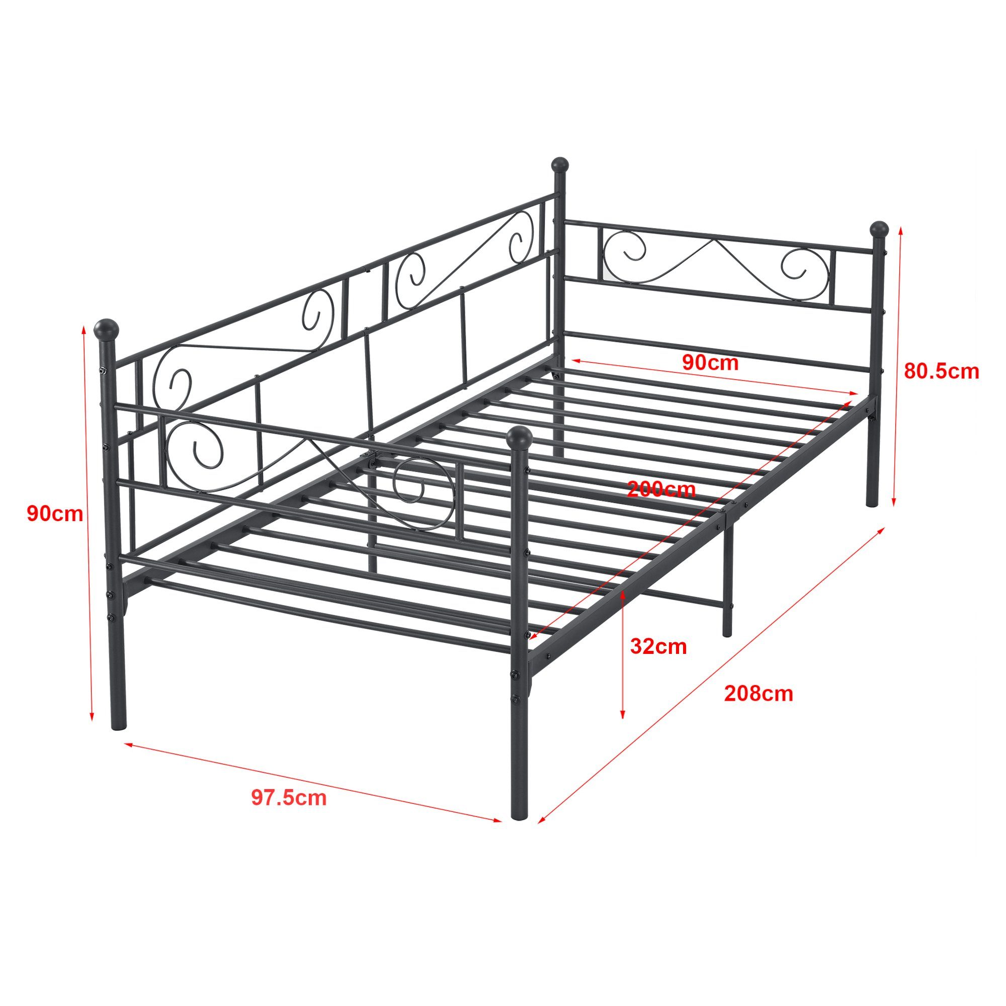 en.casa Metallbett, »Kerava« mit Matratze 90x200 cm Schwarz