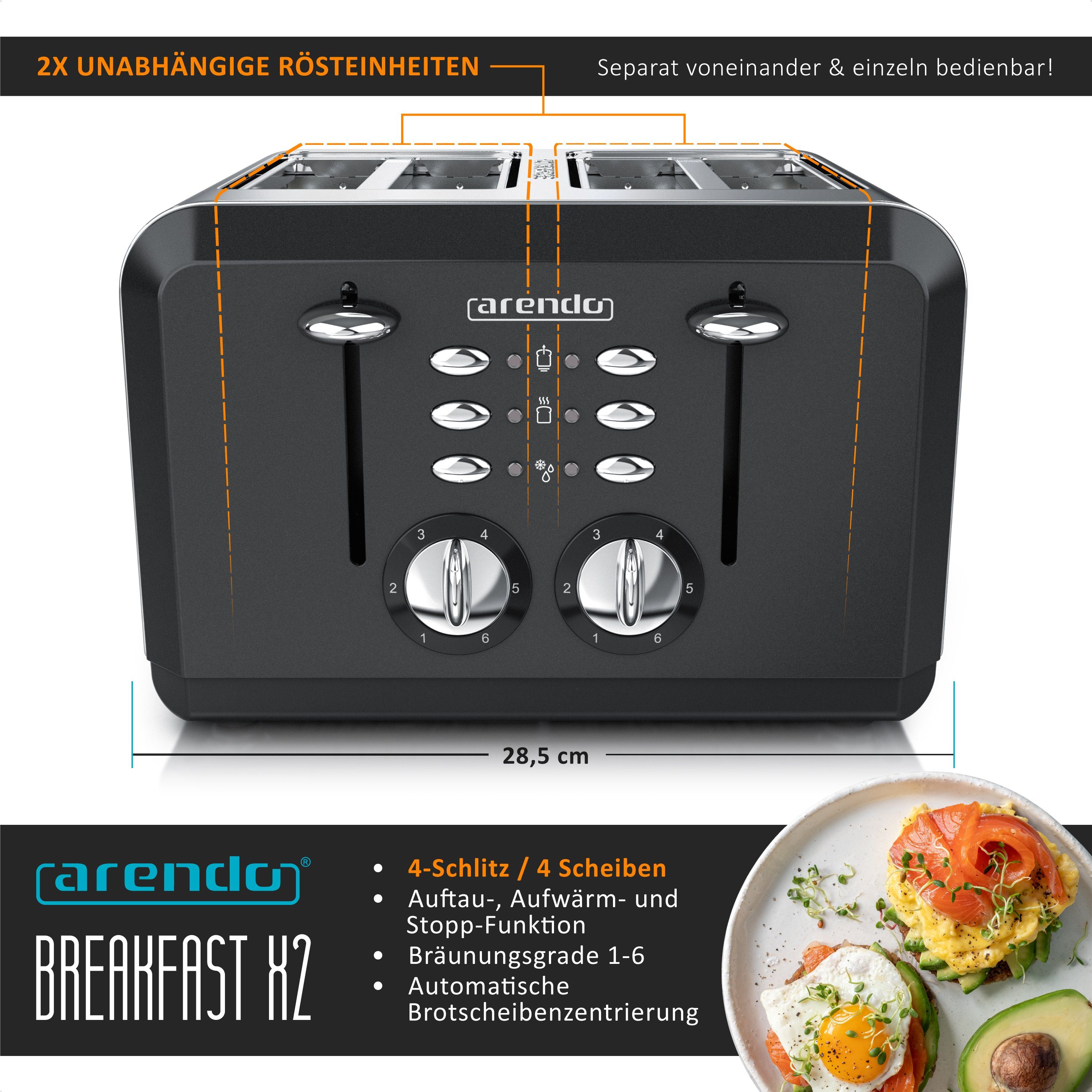 Arendo Toaster 4-Scheiben, Edelstahl Automatik, Wärmeisolierendes Doppelwandgehäuse, 4 kurze Schlitze, für 4 Scheiben, 1630 W, Bräunungsgrad 1-6, Aufwärm- & Auftaufunktion, GS-zertifiziert