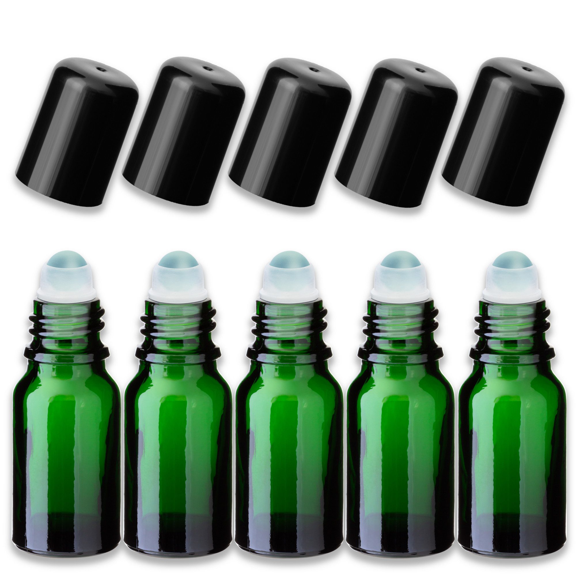 CK Verpackung GmbH Leerglas 5x Grüne Glasflasche 10 ml Roll-On mit schwarzem Verschluss Leer 18 mm (Set x5)