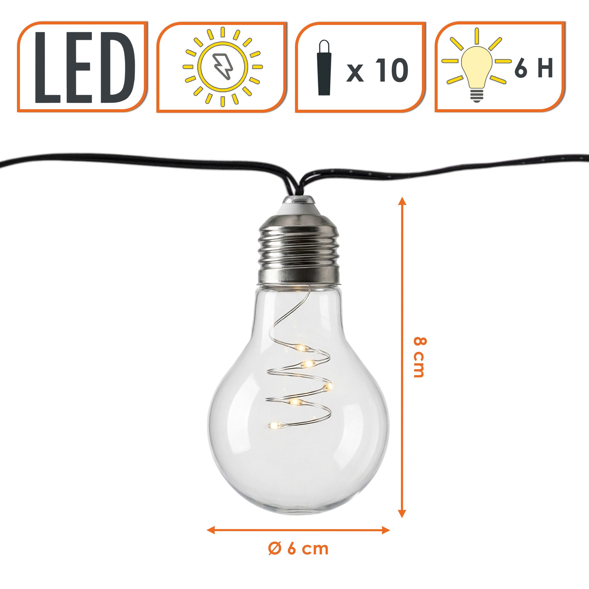 Spetebo LED-Lichterkette LED Solar Lichterkette mit 10 Glühbirnen auf 450 cm mit 2 Leuchtmodi, 10-flammig, Automatische Einschaltung bei Dämmerung
