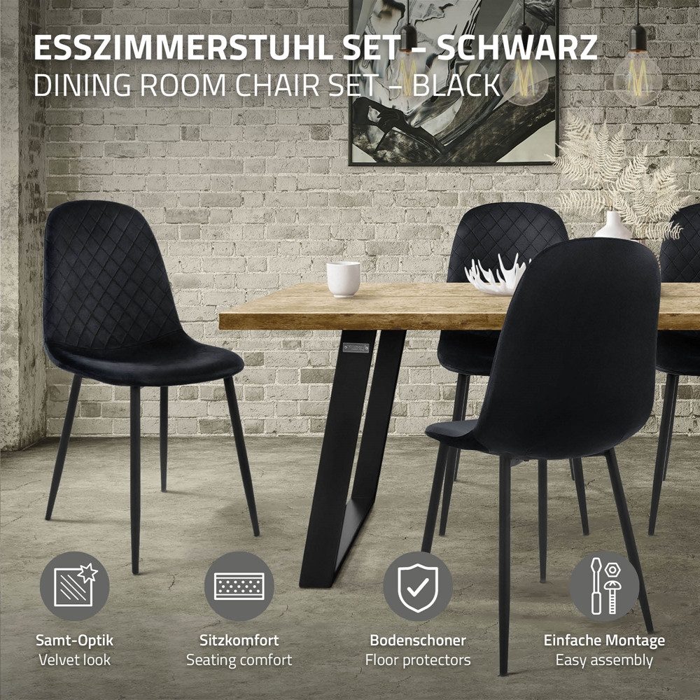 ML-DESIGN Stuhl Esszimmerstuhl mit Rückenlehne, Polsterstuhl mit Metallbeinen (4 St), Wohnzimmerstuhl ergonomisch Schwarz mit Samtbezug Küchenstuhl