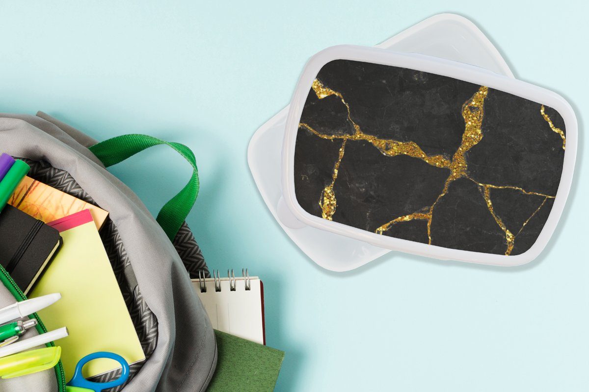 weiß - Schwarz Kunststoff, (2-tlg), Kinder Marmor für - für Mädchen Erwachsene, - und Marmoroptik - Brotbox Jungs Brotdose, Lunchbox und MuchoWow Gold Glitter,