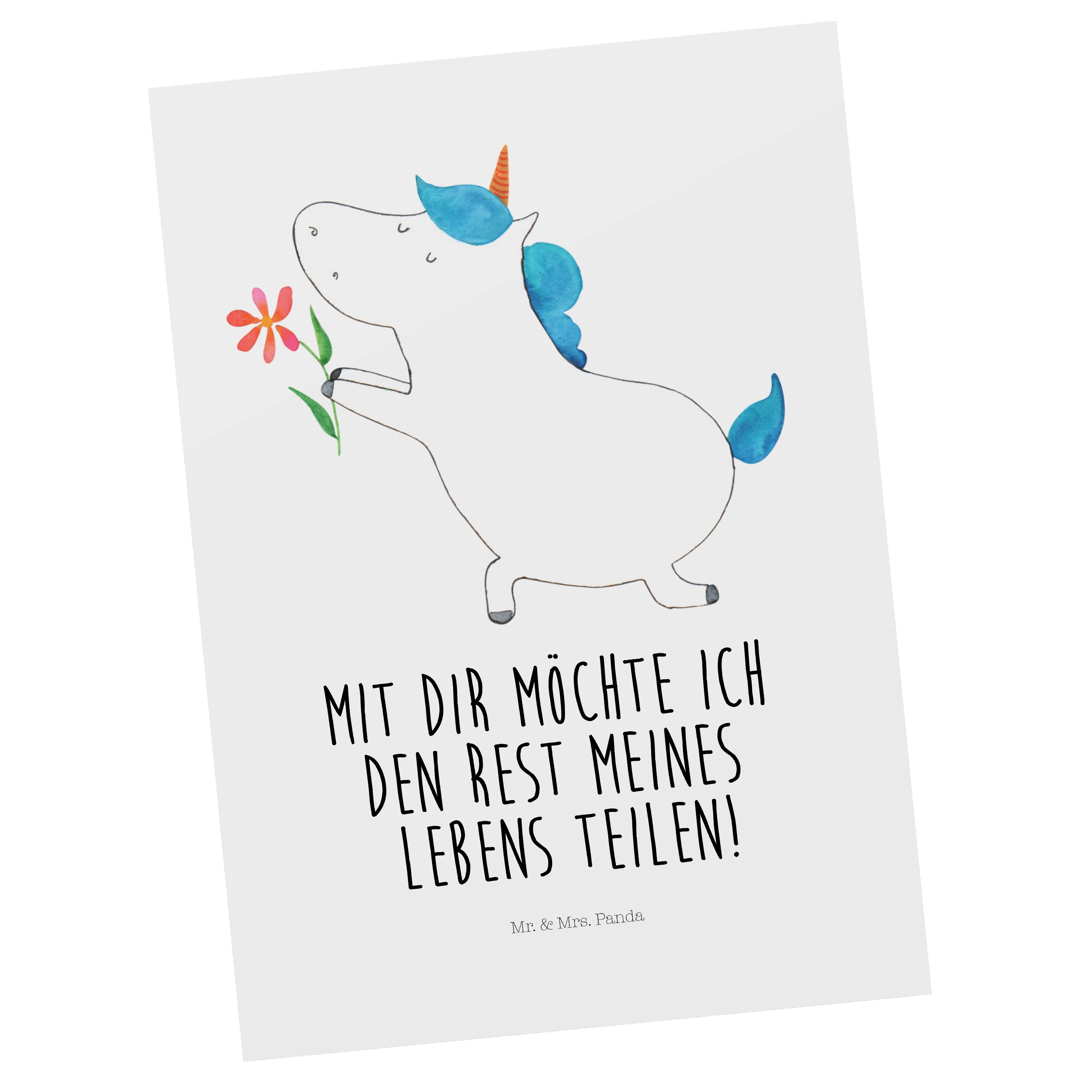 Mr. & Mrs. Panda Postkarte Einhorn Blume - Weiß - Geschenk, Geburtstagskarte, Antrag, Unicorn, E