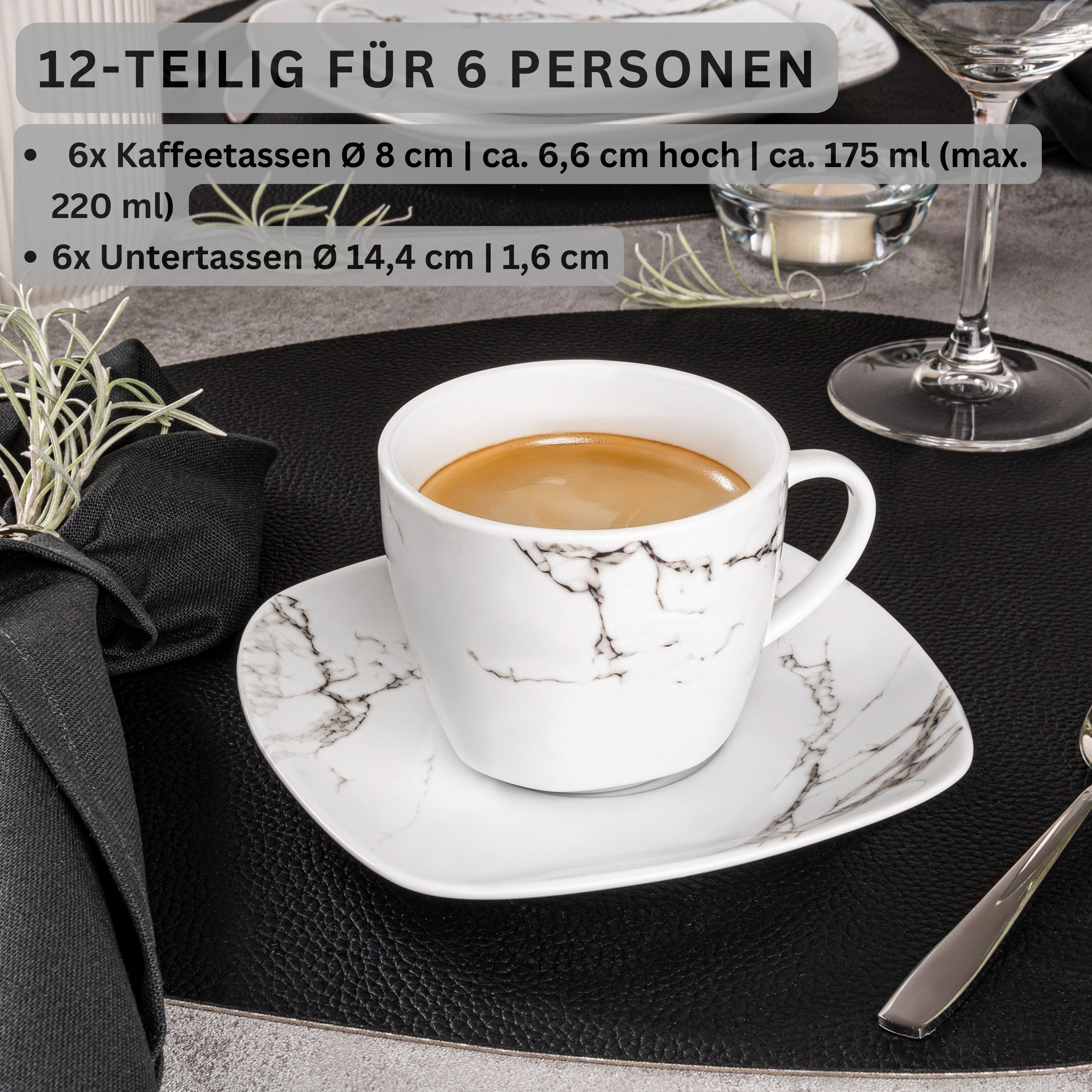 SÄNGER Tasse Bilgola Marmor, 12-tlg., Porzellan, Marmor, Weiß, 12 tlg. Kaffeetassen Set, PREMIUM COLLECTION