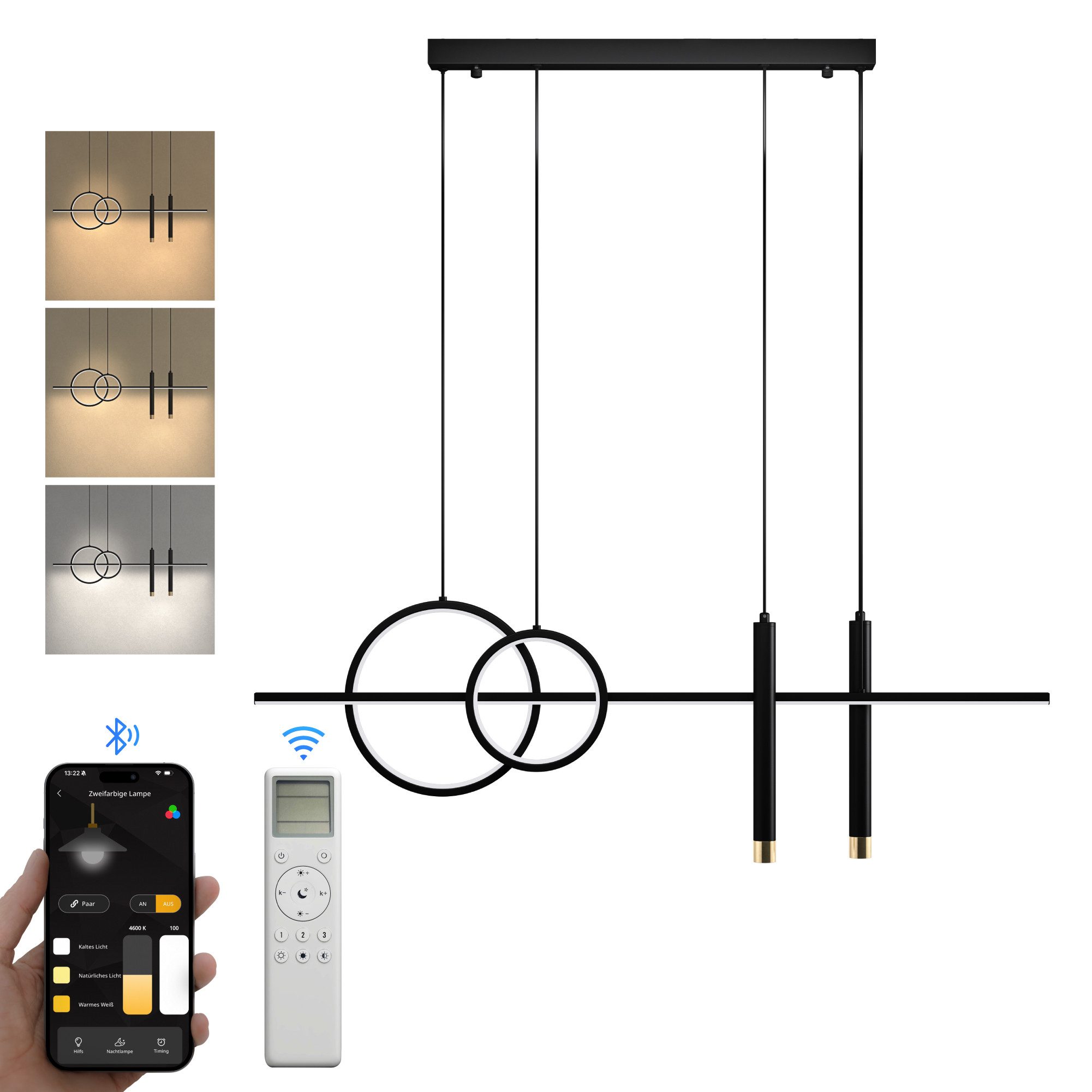doporro LED Pendelleuchte Hängeleuchte LED Höhenverstellbar mit 3 Farbtemperaturen Luvina-09, CRI≥80, LED-Pendelleuchte
