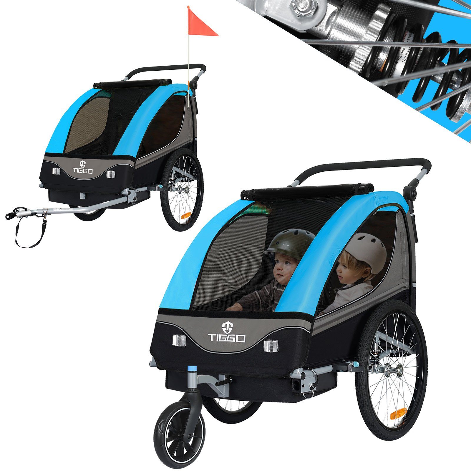TIGGO Fahrradkinderanhänger Kinderanhänger 2 in 1 Kinderfahrradanhänger Fahrradanhänger, für 1-2 Kinder inklusive Joggerkit