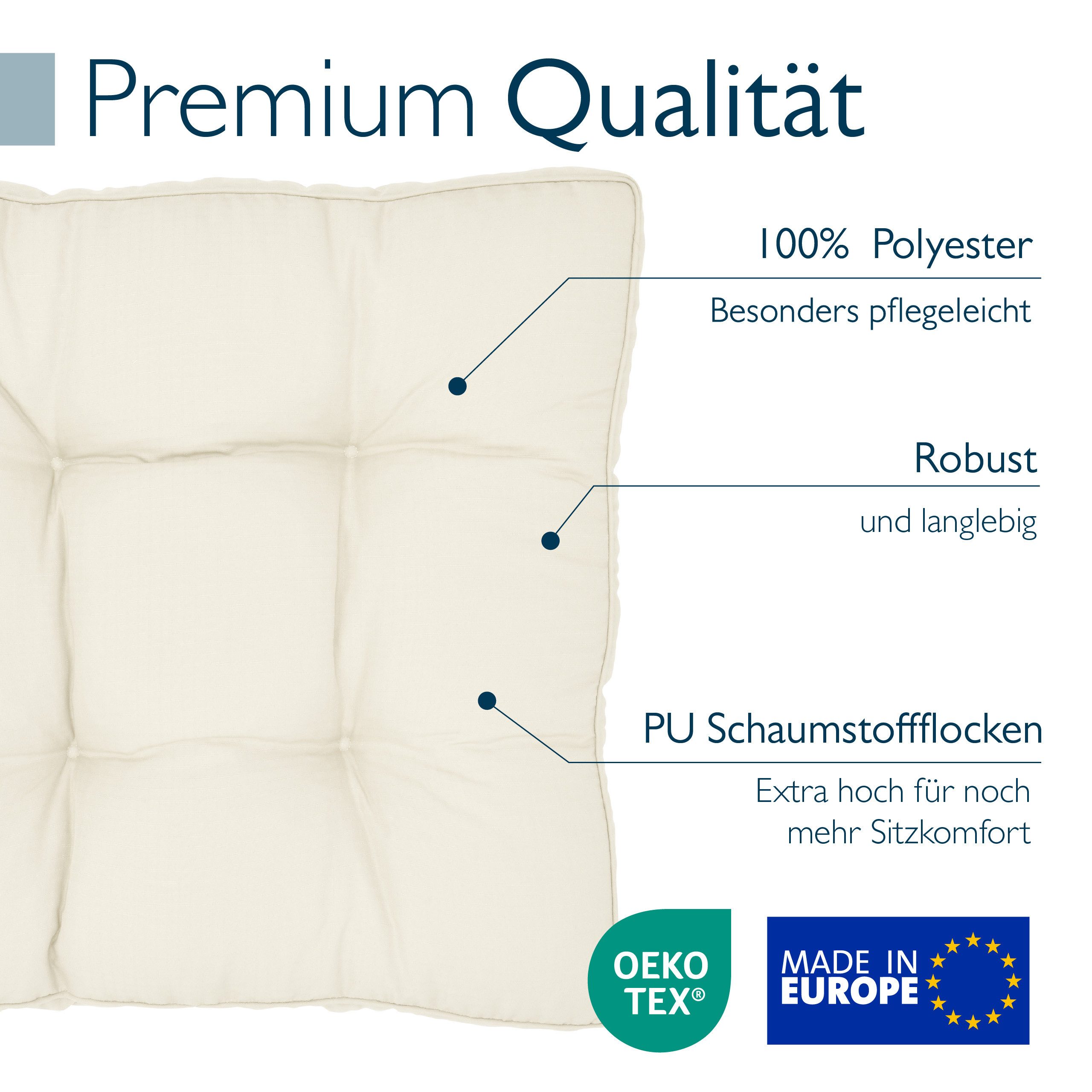 Beautissu Sitzkissen Lounge Kissen Outdoor Beige XLuna, 40x40cm, Sitzkissen Gartenstuhl 10 cm dick Sitzpolster Auflagen für Gartenmöbel