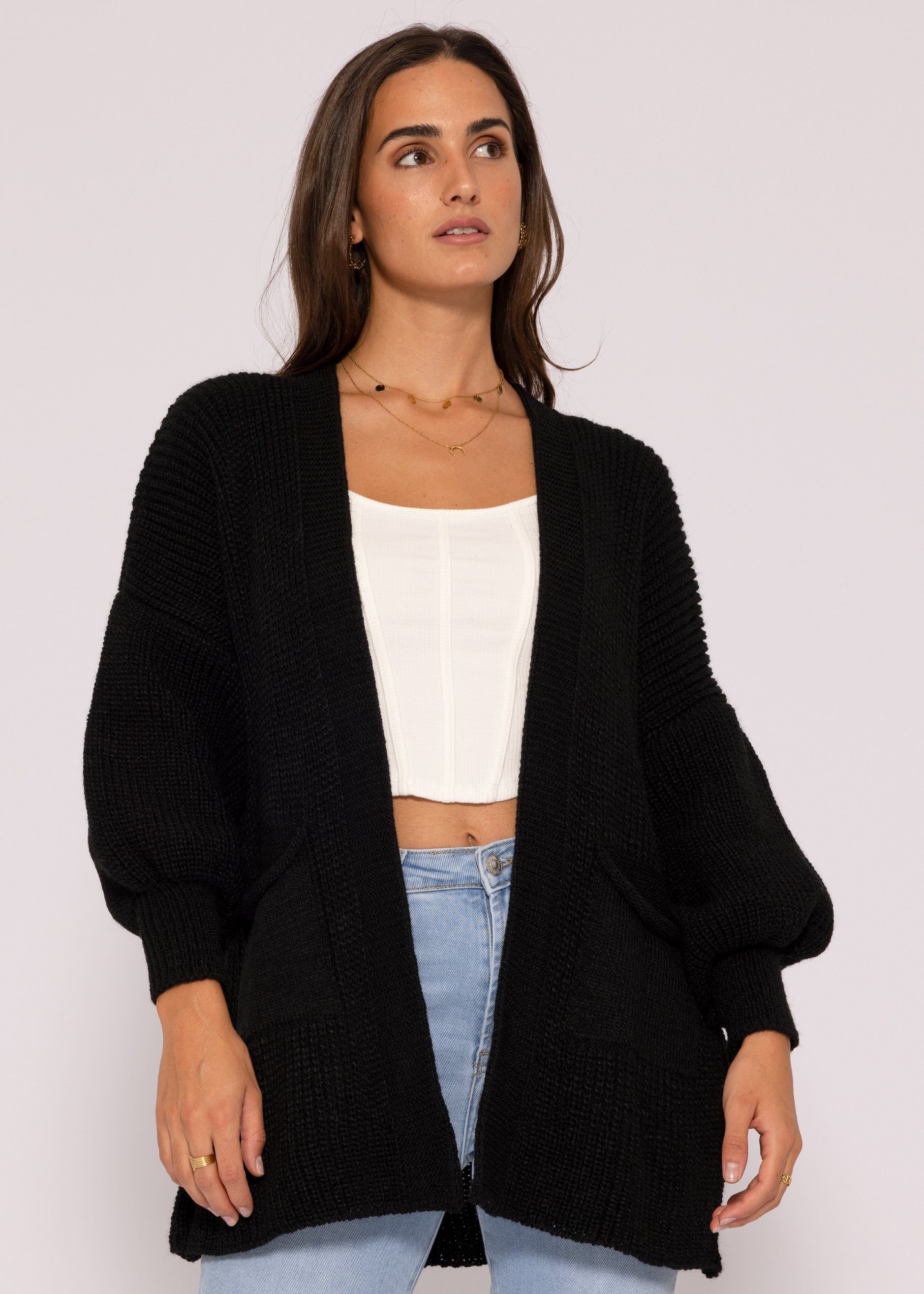 SASSYCLASSY Cardigan Oversize Strickjacke Damen aus weichem Grobstrick Lässiger Strick Cardigan mit Taschen und Ballonärmeln, Made in Italy