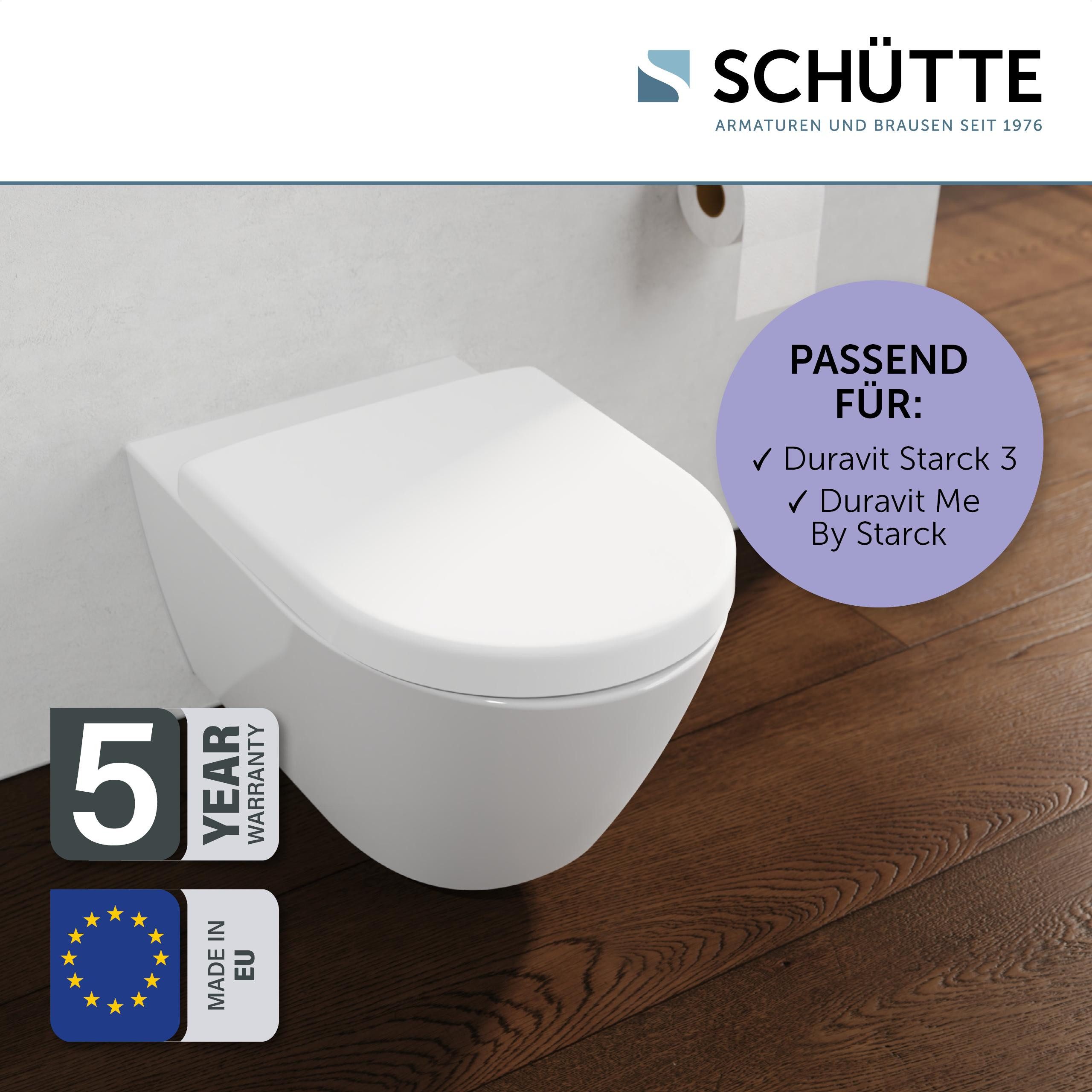 Schütte WC-Sitz Duroplast, WHITE D-Form PRO 8 (WC-Sitz, Befestigungsmaterial, Montageanleitung), mit Absenkautomatik und Schnellverschluss