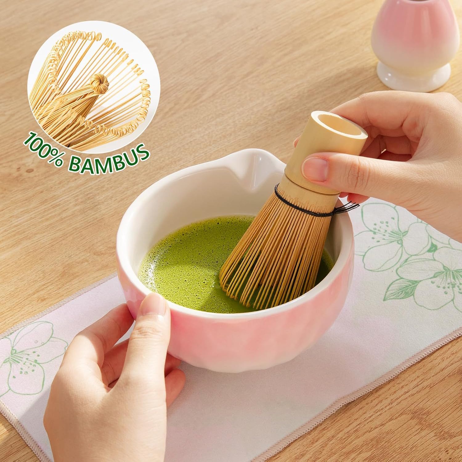 AKKEE Teeservice 8 Stück Matcha Tee Set, Keramik, Bambus-Besen, Edelstahlsieb Schal, Schale & Zubehör