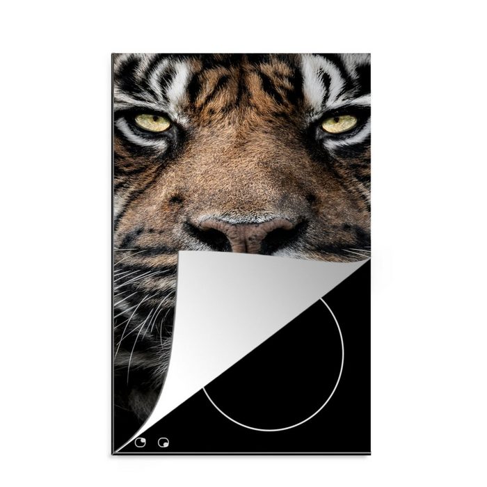 MuchoWow Herdblende-/Abdeckplatte Porträt-Tiger auf schwarzem Hintergrund Vinyl (1 tlg) Küchen Dekoration für Induktionsherd Induktionskochfeld