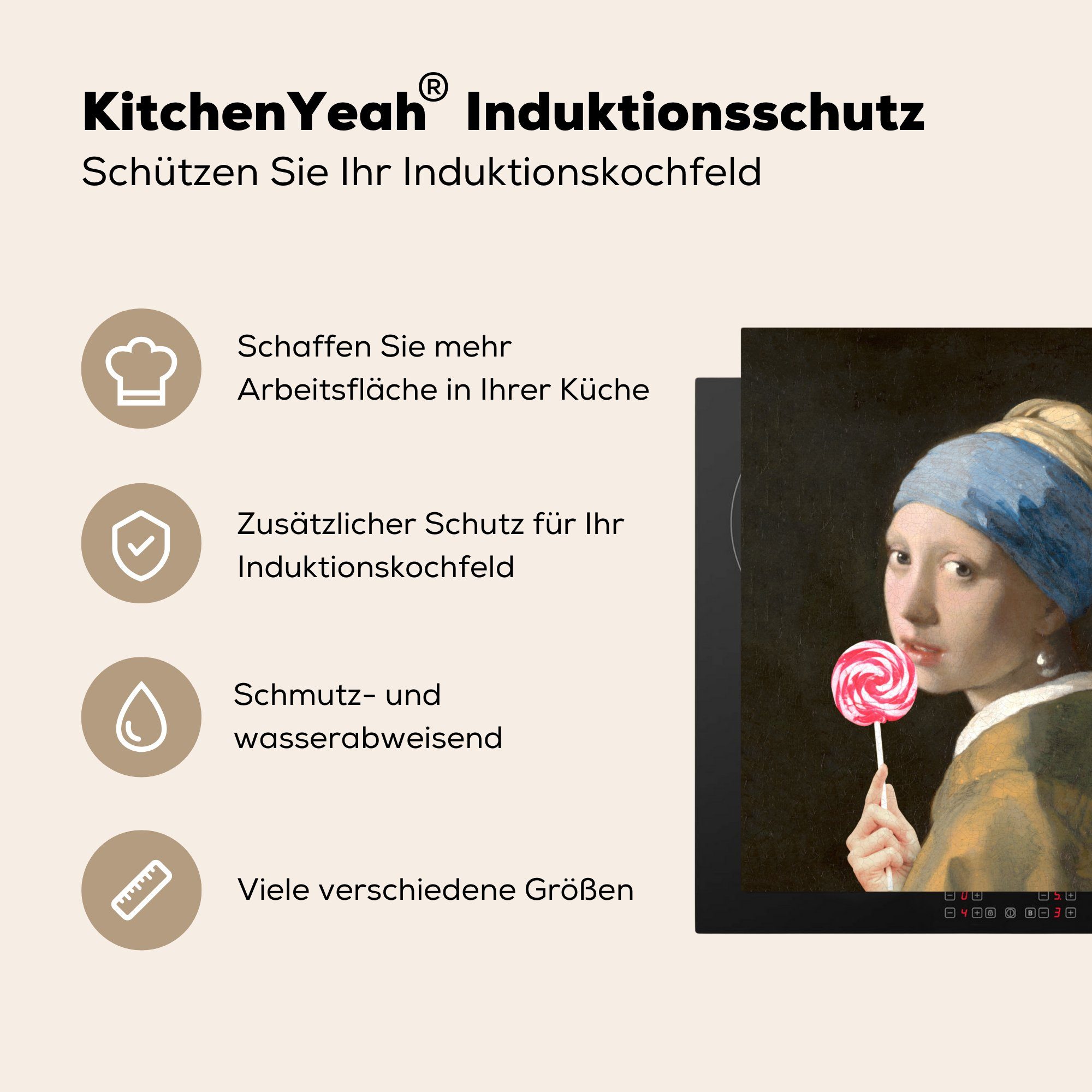 Arbeitsplatte cm, dem - für MuchoWow Süßigkeiten, (1 78x78 tlg), Ceranfeldabdeckung, Das Herdblende-/Abdeckplatte - küche Mädchen Vermeer mit Perlenohrring Vinyl,