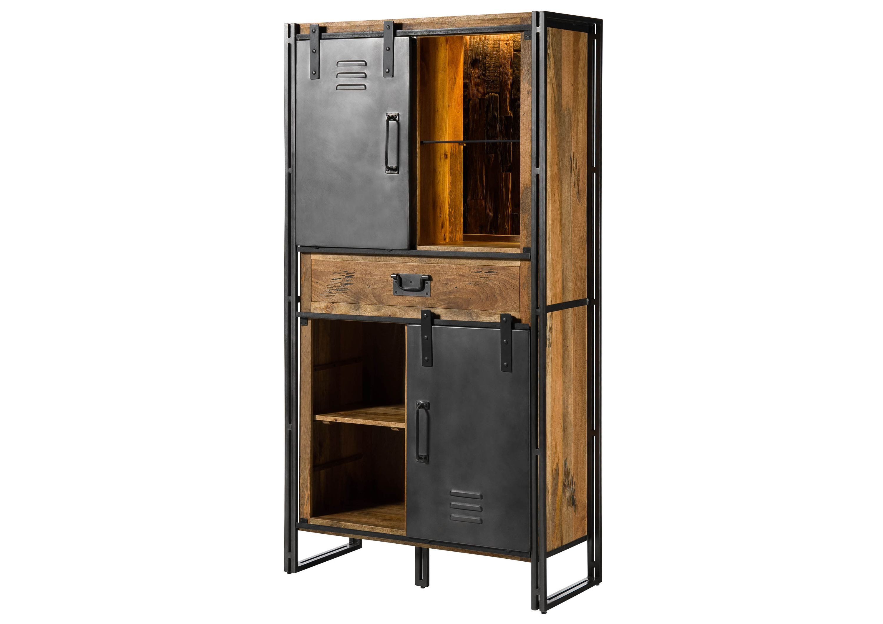 Massivmoebel24 Dreh-/Schwebetürenschrank BLACKBURN LUX (Schrank Mango / Altholz 105x45x195 natur / grau lackiert / Metall grau) Schrank Mango / Altholz 105x45x195 natur / grau lackiert / Metall grau