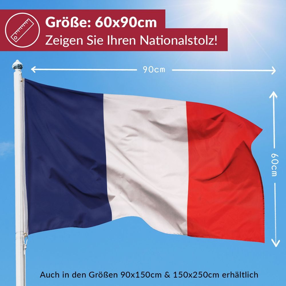 PHENO FLAGS Flagge Frankreich Flagge Französische Fahne Nationalflagge (Hissflagge für Fahnenmast), Inkl. 2 Messing Ösen