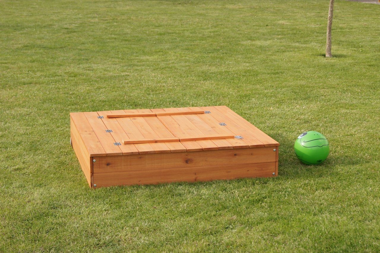 metra-direkt Sandkasten Massivholz Sandkasten mit Deckel - 100x100cm - Sitzbänke