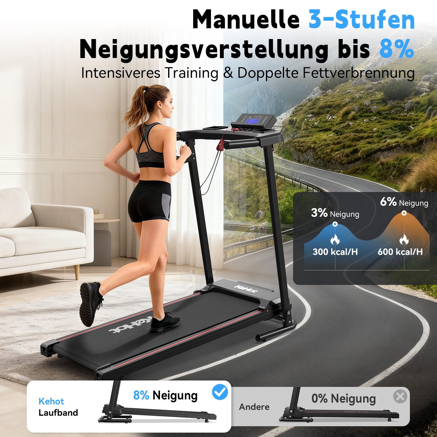kehot Laufband Laufband klappbar mit 8% Steigung – bis 12 km/h Fitnessgerät (Elektrisches Heimtrainer Laufband mit Handlauf & 12 Programmen, App-Steuerung für Kinomap & Zwift, Bluetooth & LED-Display), Stoßdämpfendes Gehgerät Platzsparend, ideal für Home Training