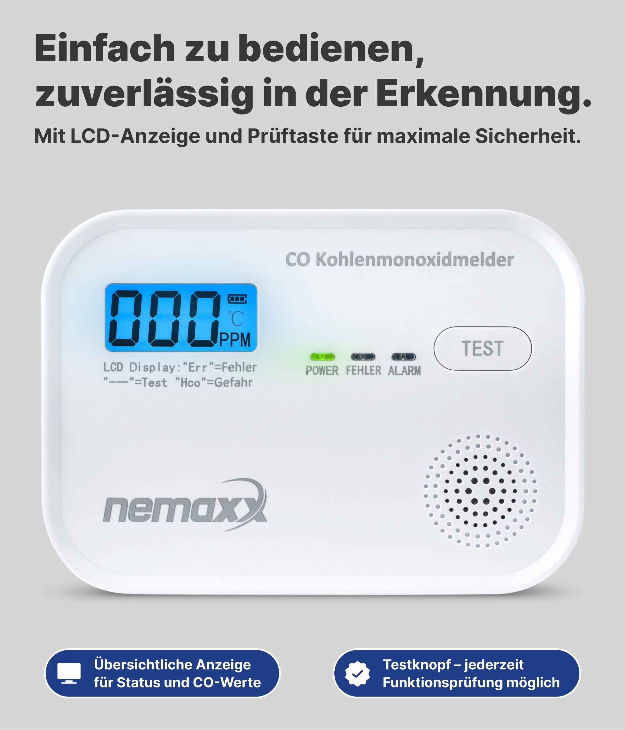 NEMAXX CM18 Kohlenmonoxid-Melder LCD 85 dB Alarm EN 50291-1:2018 Testtaste 1x CO-Melder (elektrochemischer Sensor, CO-Warnmelder für Zuhause & Heizungskeller)