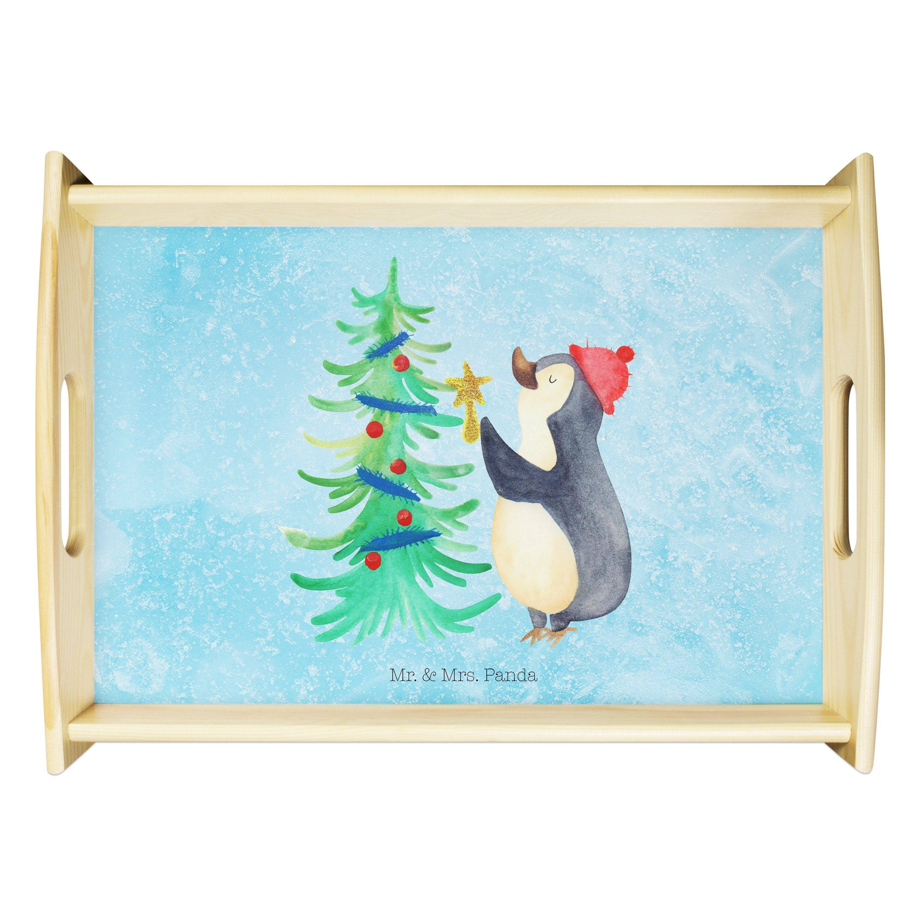 Mr. & Mrs. Panda Tablett Pinguin Weihnachtsbaum - Eisblau - Geschenk, Dekotablett, Holztablett, Echtholz lasiert, (1-tlg)