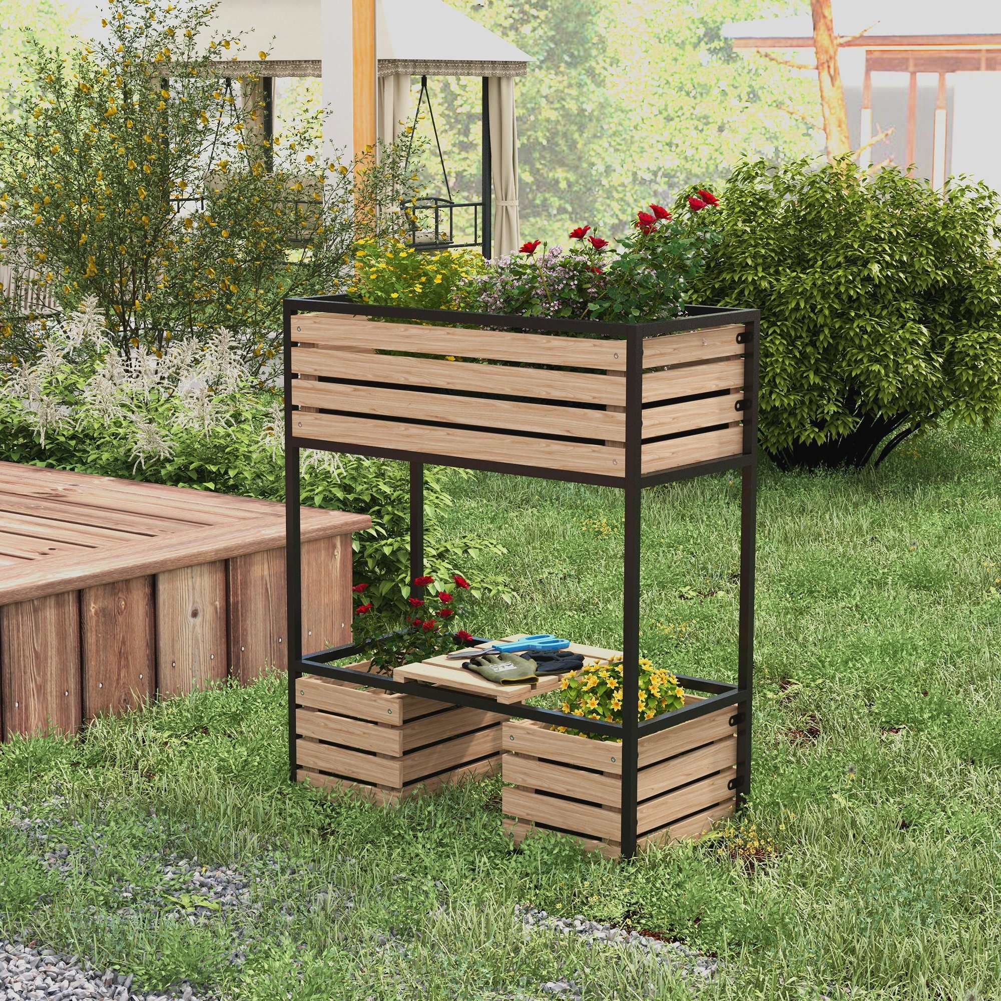 Outsunny Hochbeet Gemüsebeet, Blumenhochbeet, 2-stufig (Blumenkasten, günstig online kaufen